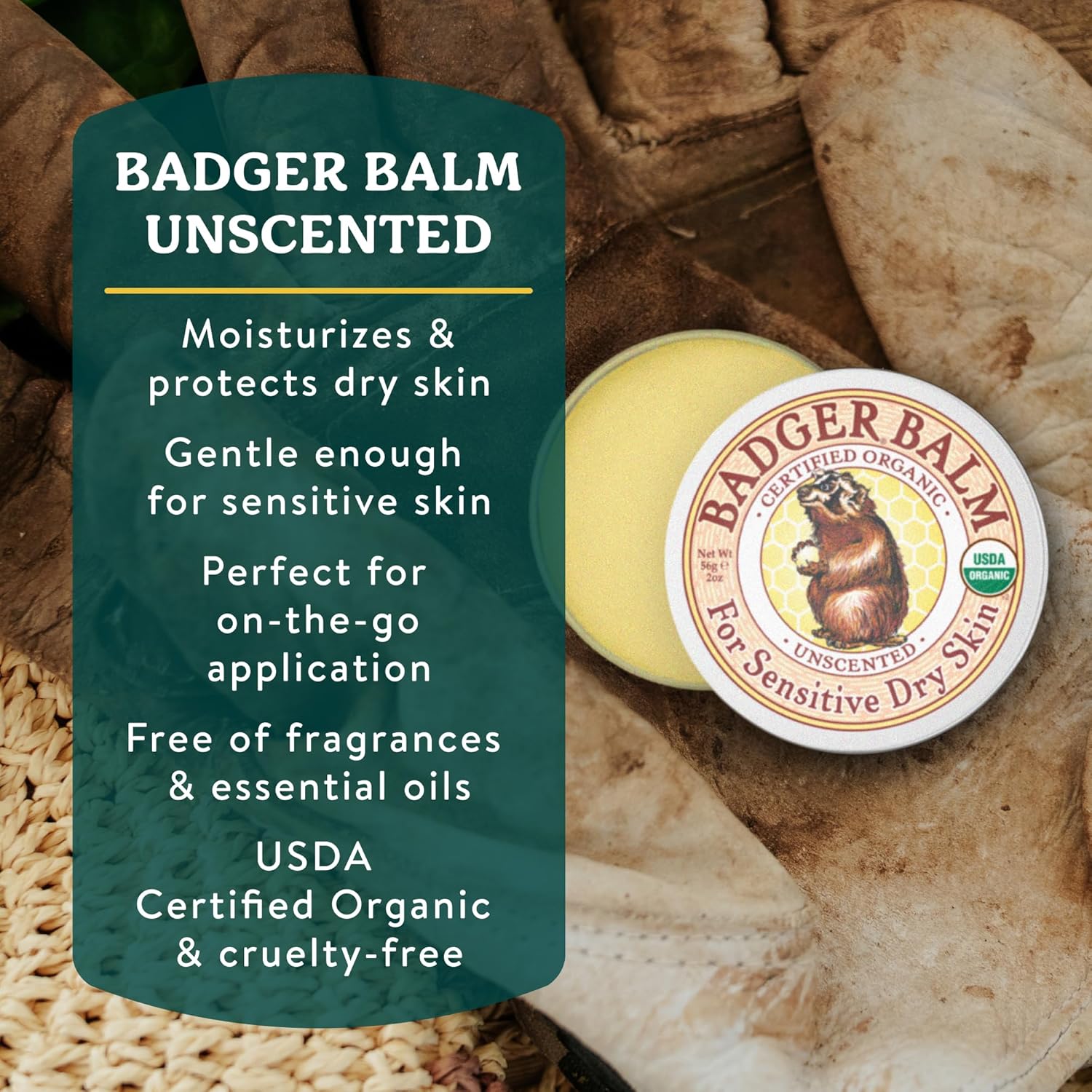 Badger Balm Unscented, 100% Organic Olive Oil & Beeswax, Fragrance Free Hand Cream, Long Lasting Sensitive Skin Moisturizer, 2 oz Tin, 2-Pack