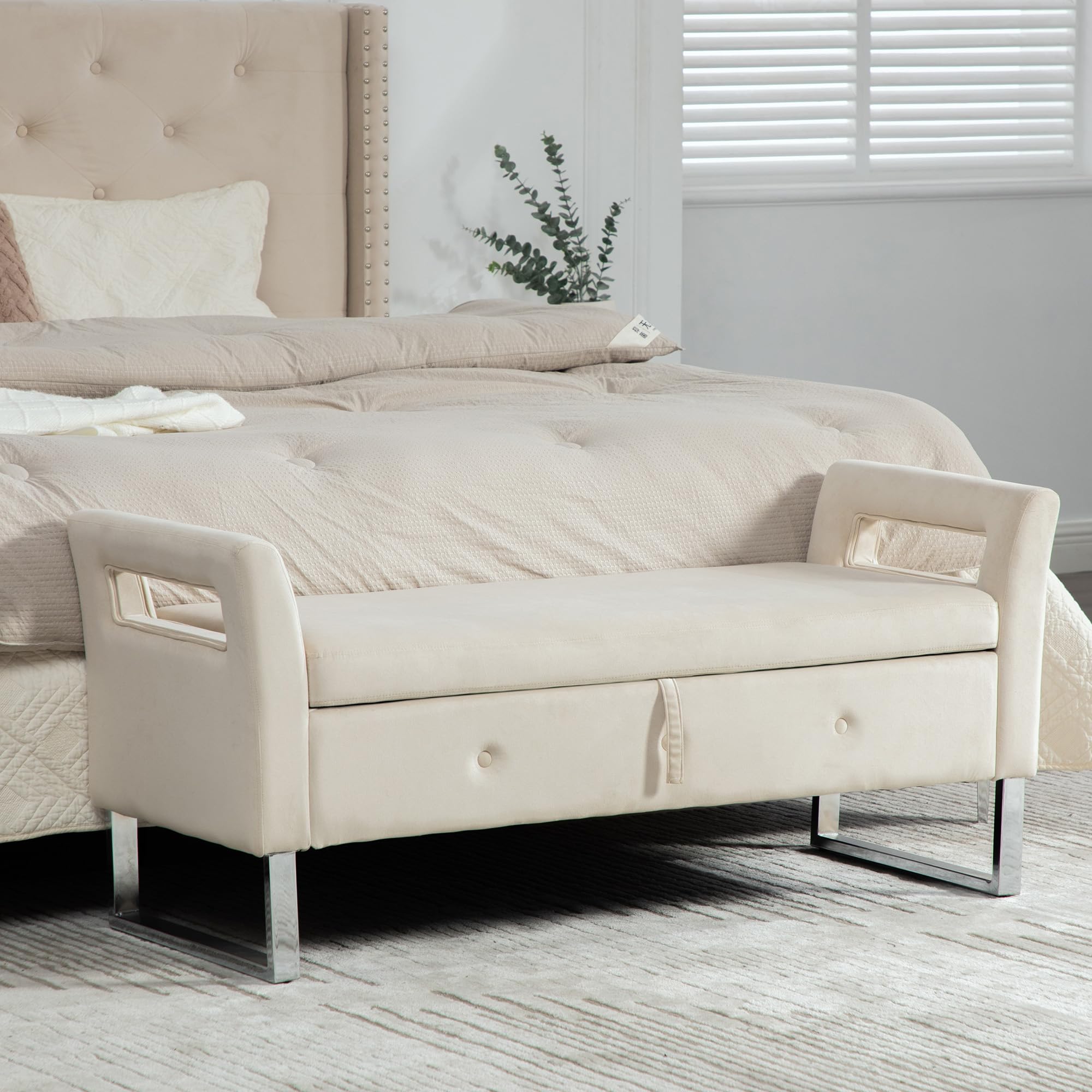 Banco con espacio de almacenamiento, taburete acolchado de terciopelo, con reposabrazos para salón, entrada y dormitorio (beige)