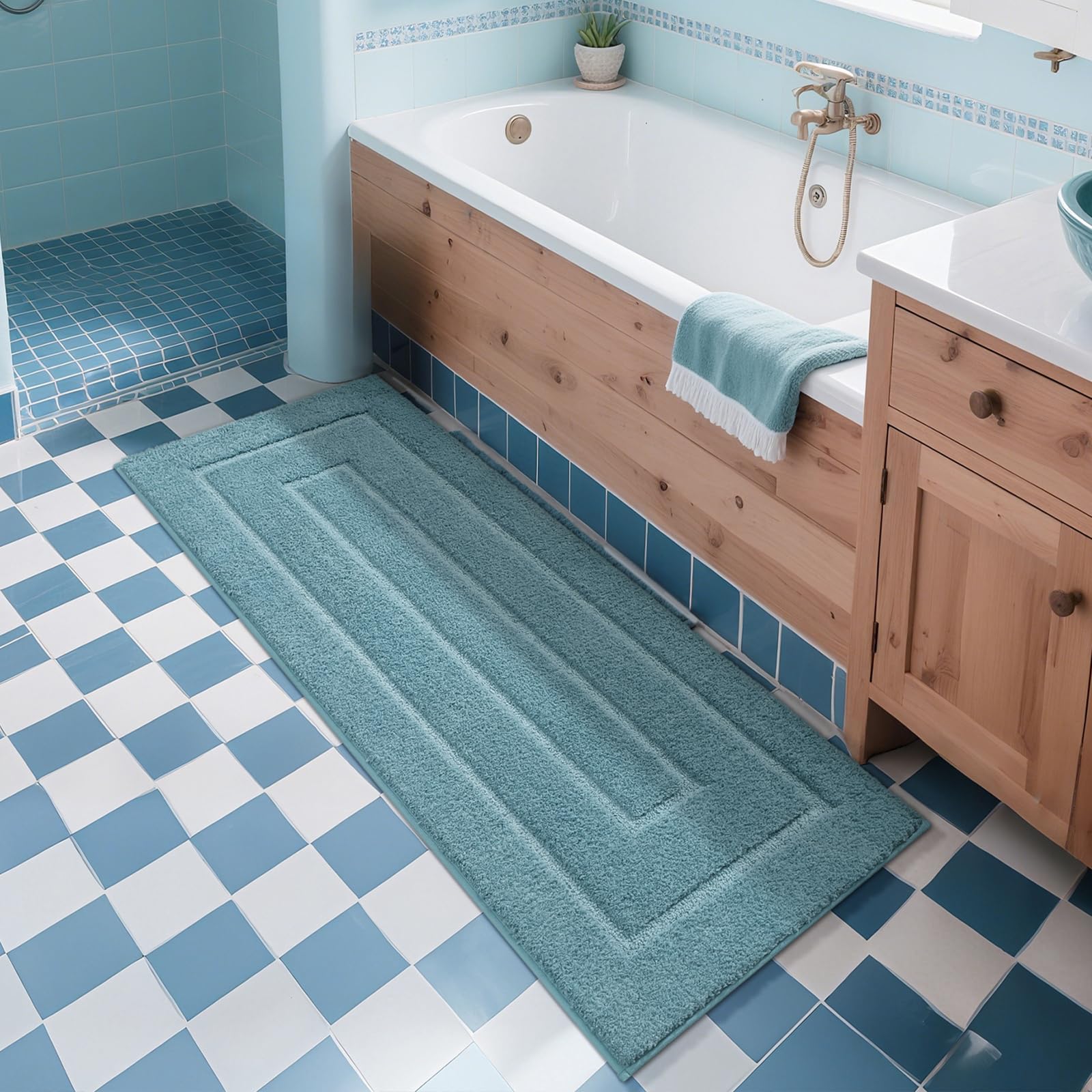 HOMORE Alfombra de baño azul, 24 x 60 pulgadas de largo, alfombra de baño de microfibra suave y absorbente, alfombra de baño antideslizante con respaldo de TPR, alfombra de baño lavable de felpa para