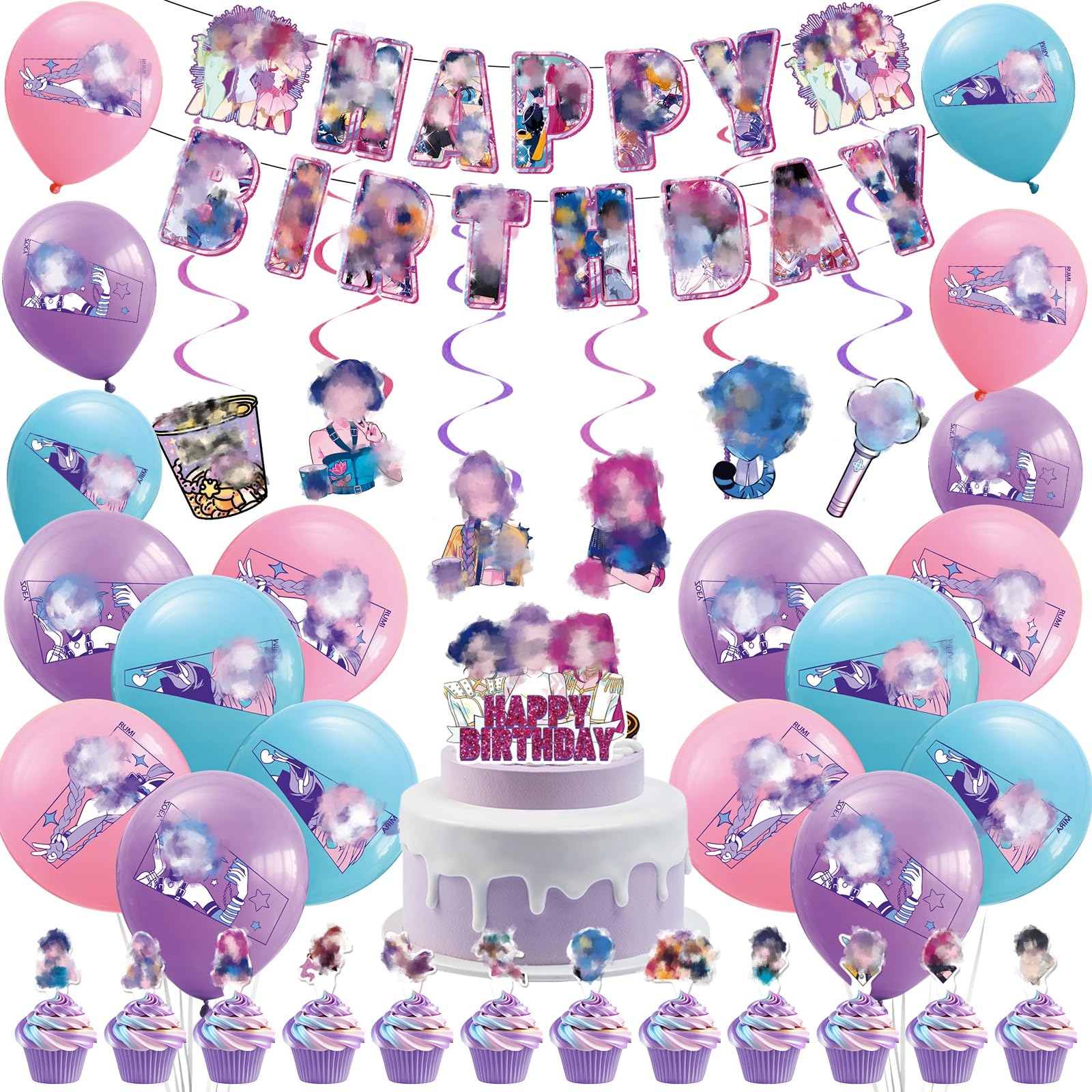 Girls Birthday Party Decorations Set, Anime K Pop Birthday Party Supplies for Womens Includes Balloons, Banner, Cake Toppers Cupcake Toppers Hanging Swirls Decoration Dem0n Hun-ters Birthday