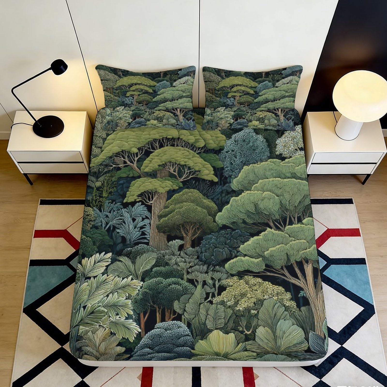 3D Printed Forest Green Fitted Sheet Microfiber Soft Durable 3D Printed Woodland Mattress Cover for Bedroom Dormitory Guest Room Bed Protection 200x200x25cm