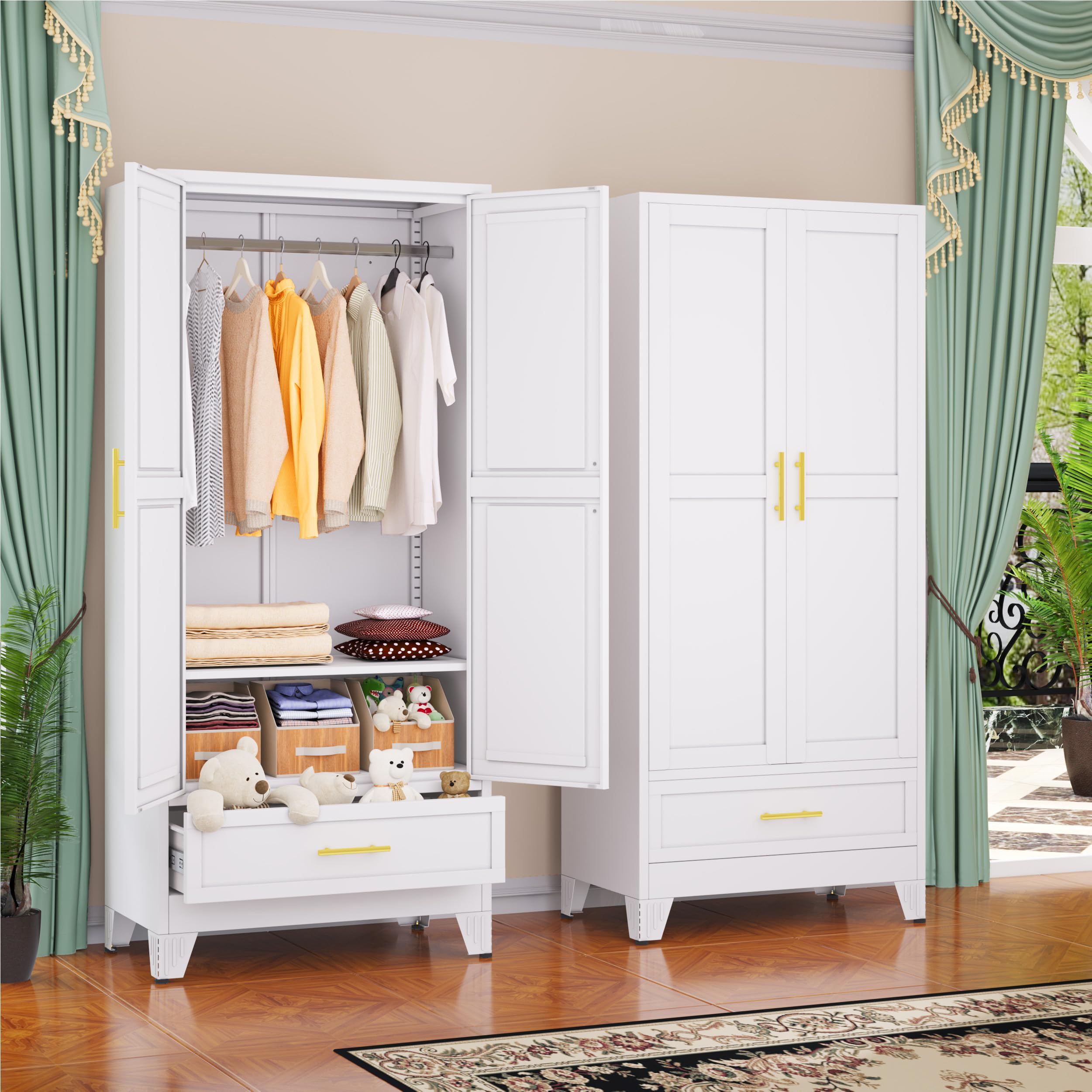 GAIOUS Metal Armoire Wardrobe Closet Cabinet with 2 Doors and Drawer, 71"
