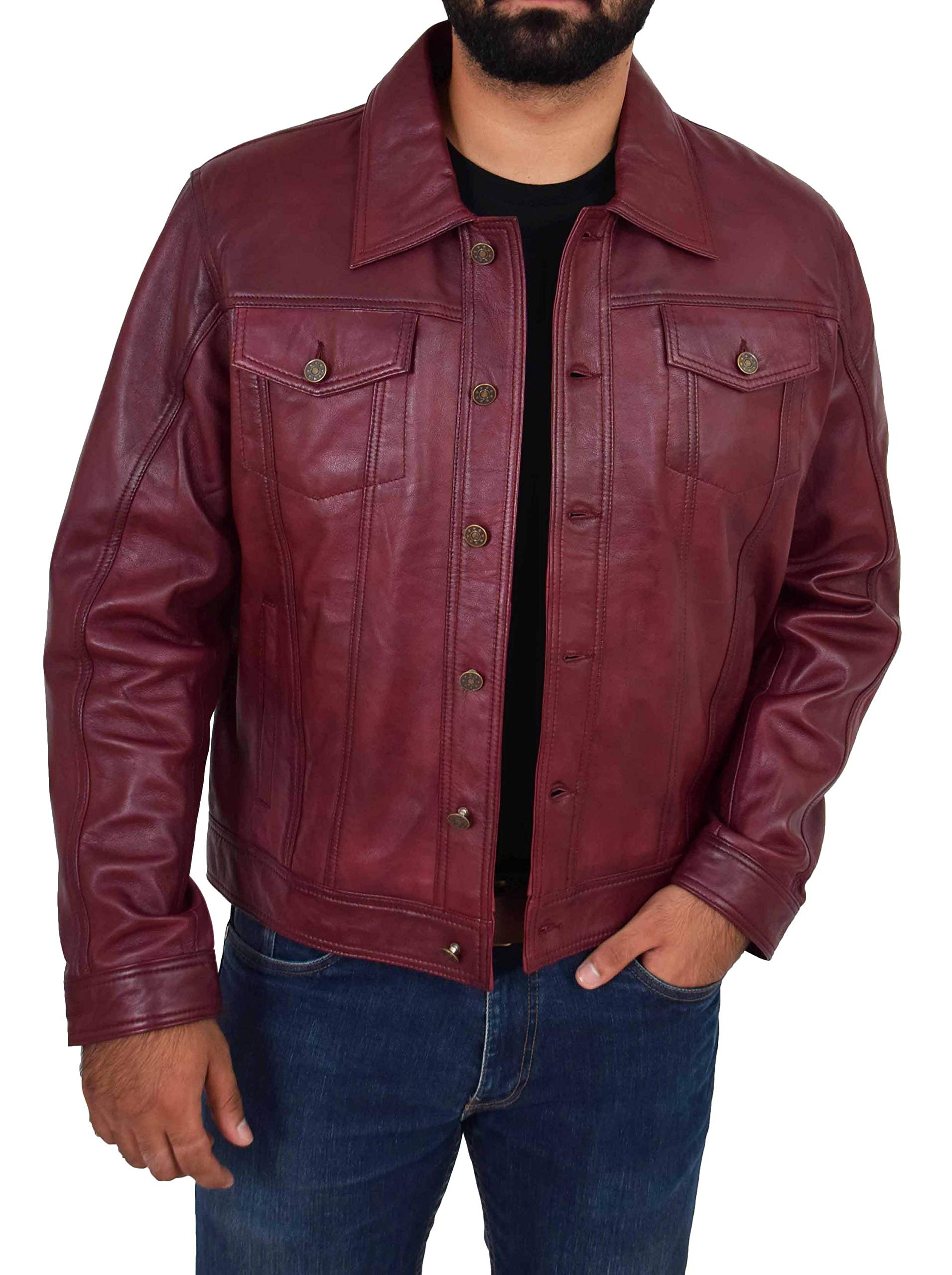 Chaqueta de camionero de cuero suave para hombre, abrigo estilo vaquero occidental americano, color burdeos