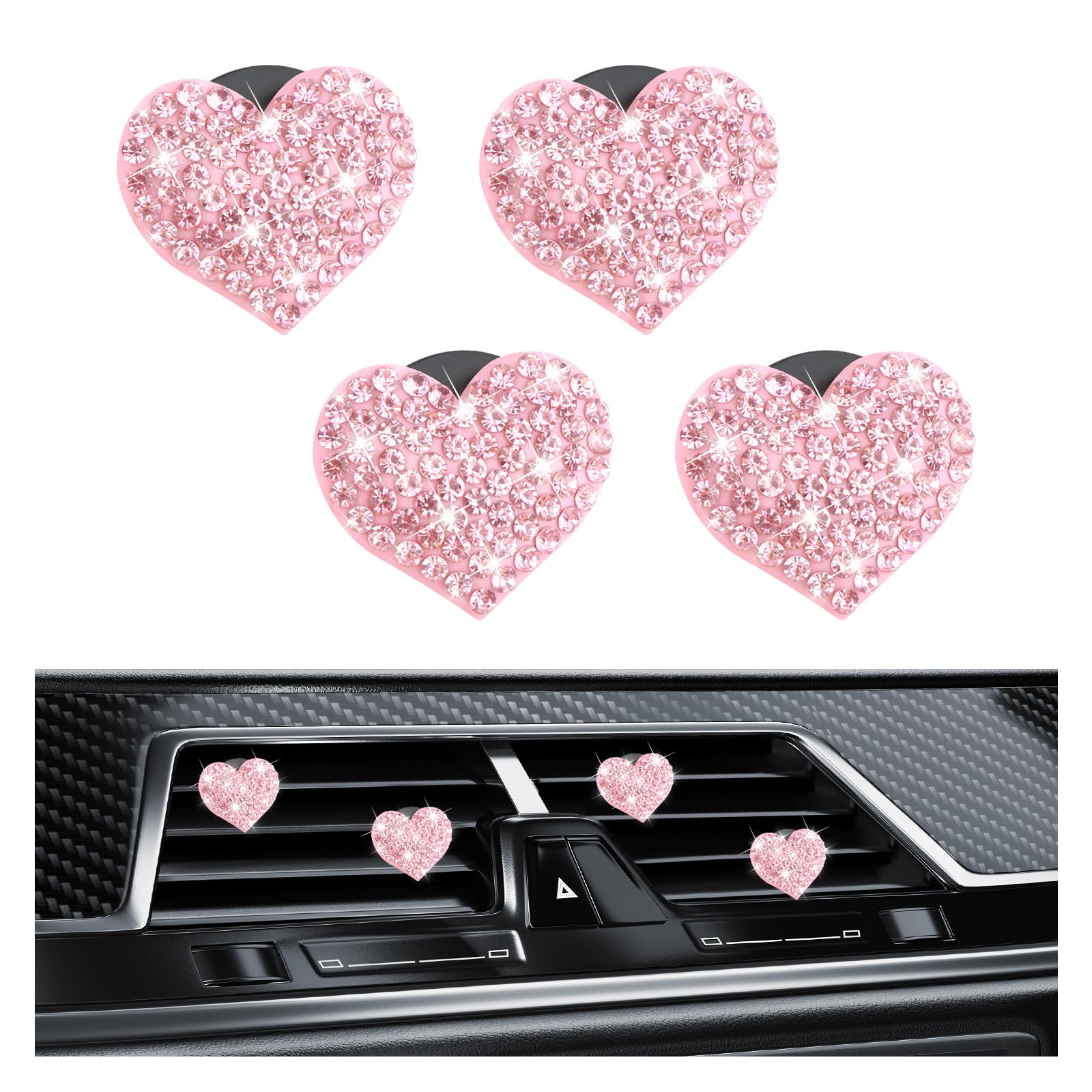 4PCS Bling Car Vent Clips with Rhinestone,Cute Heart Air Vent Clips for Interior Decorating,Shiny Air Vent Clips Car Accessories as Birthday Gifts for Women &amp; Girls (Pink)