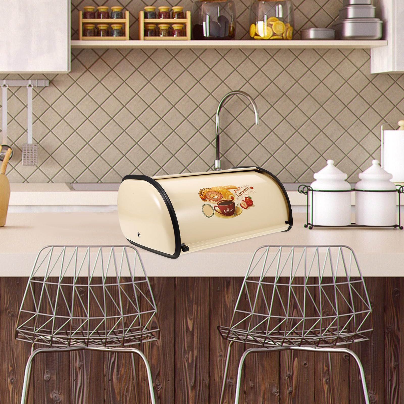 Abaodam Caja de Pan de Cocina Dorada de Hierro con Estilo Retro, Amplia Capacidad para Almacenar Pan y Productos de Panadería, Adecuado para Decoración de Cocina