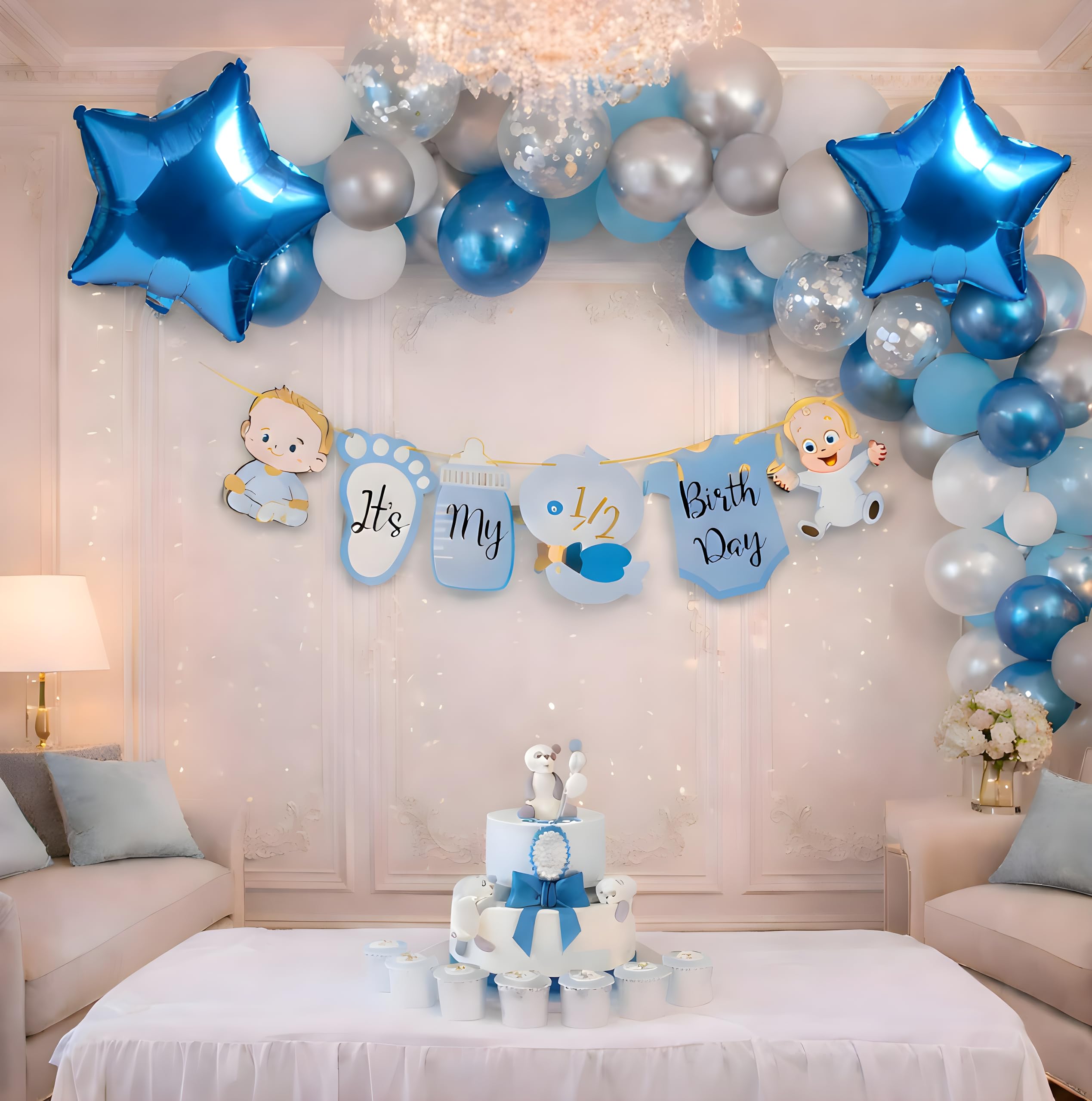 GROOVYDUDZ Half Birthday Decoration Kit for Baby Boy – It’s My 1/2 Birthday Banner, Blue Silver Balloon Arch Garland Kit with Star Balloons for 6 month Birth day decoration set-image-30