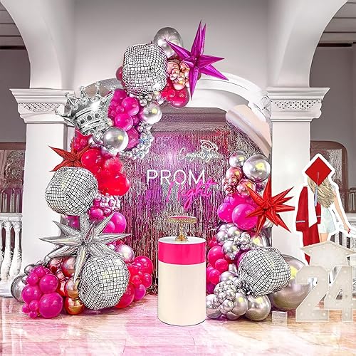 Kit de arco de guirnalda de globos rosa intenso y plateado con bola de discoteca, globos Starburst, temática de princesa, discoteca de los años 90,