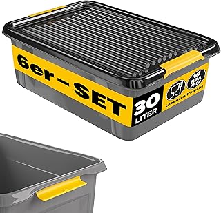 Monzana 6 x Storage Boxes 30 L with Lid 40 kg Load Capacity Plastic BPA Free Click Closure Stable Flexible Stackable Opaque Cellar Garage Box