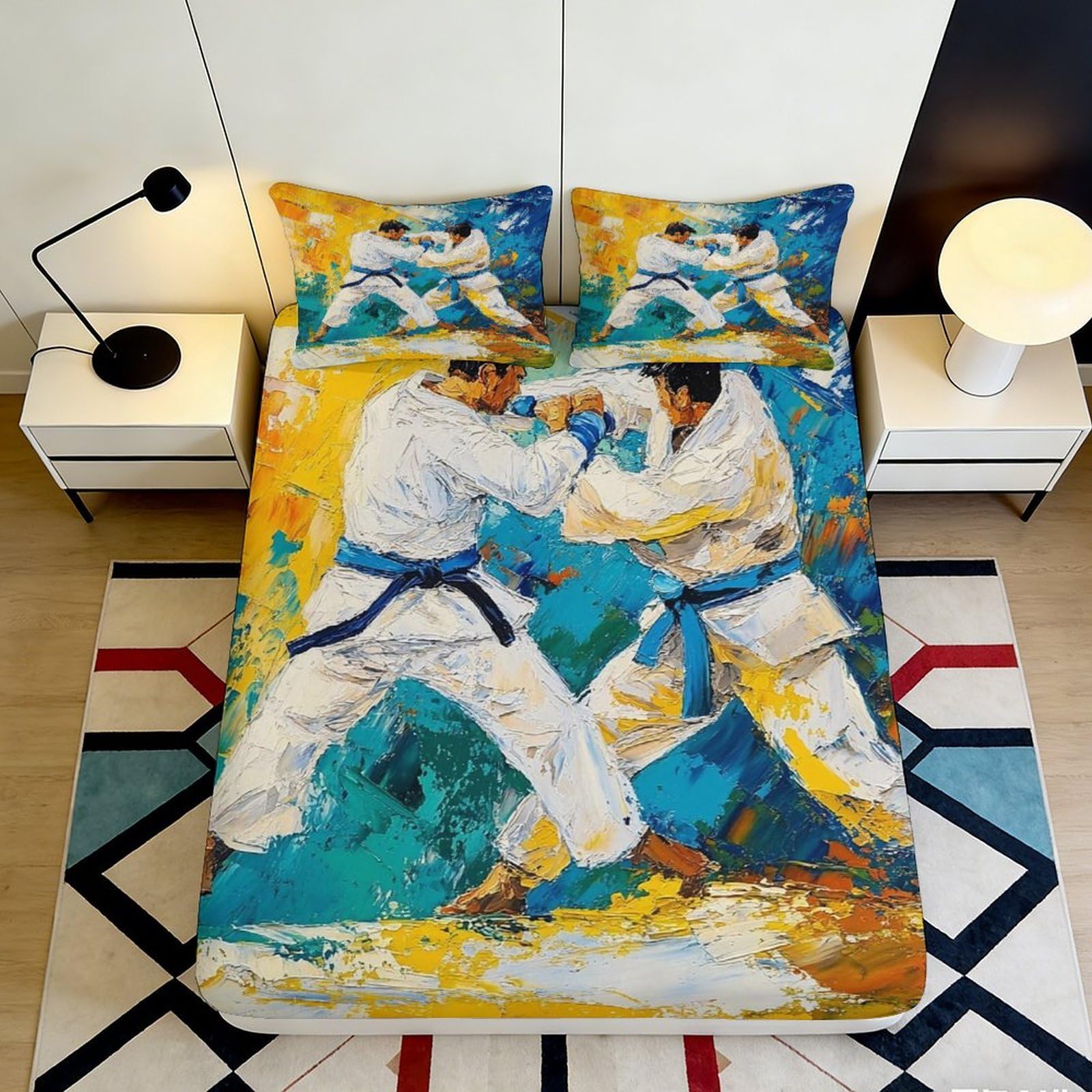 3D Printed Karate Fighters Fitted Sheet Microfiber Soft Anti-Slip Art Bed Cover for Bedroom Guestroom Decor 90x200x25cm