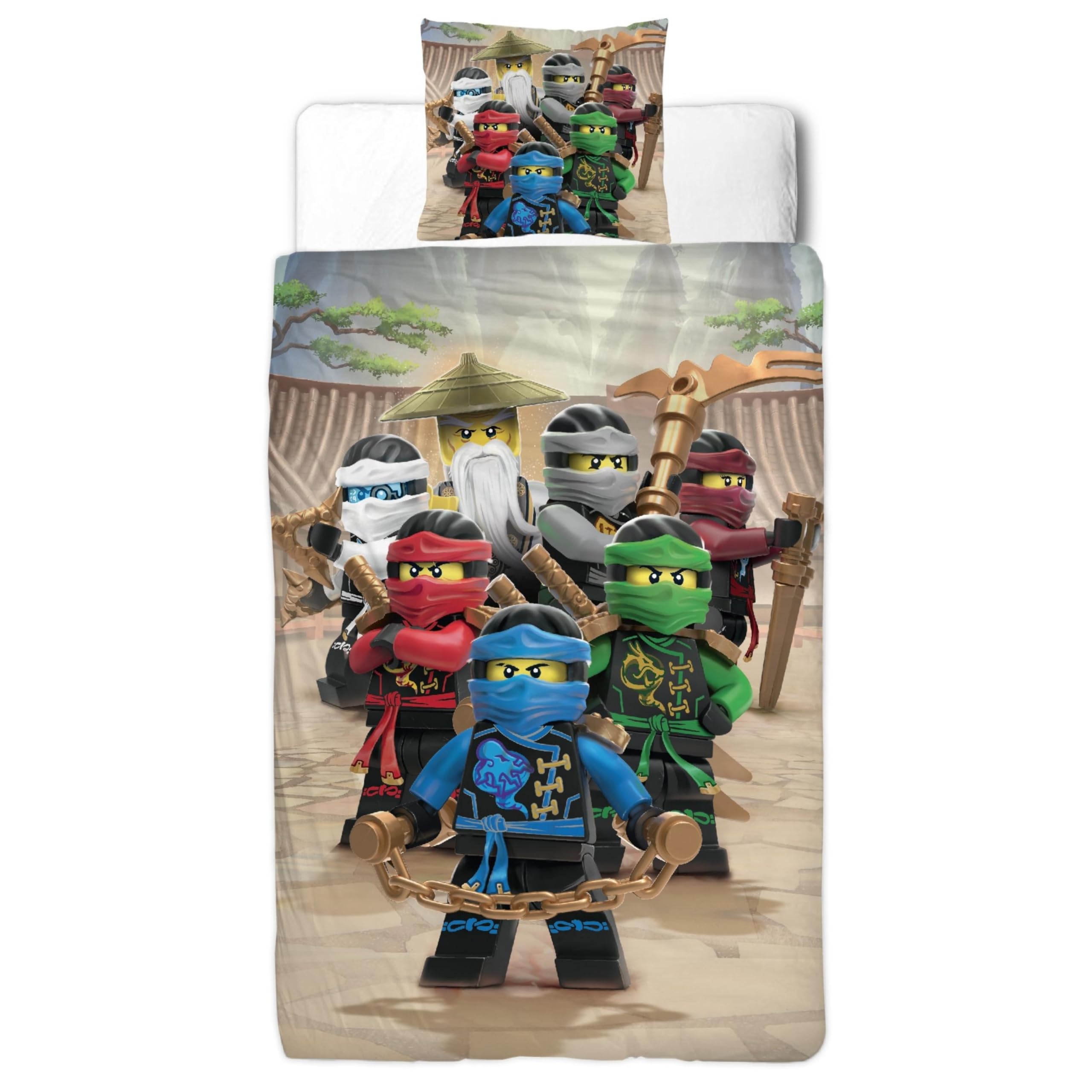 Biancheria da letto 135 x 200 cm, Lego Ninjago Lloyd, Sora, Arin e Drago Riyu, 100% cotone, chiusura lampo, 1 federa 80 x 80 + copripiumino 135 x 200, set di biancheria da letto per bambini, motivo: