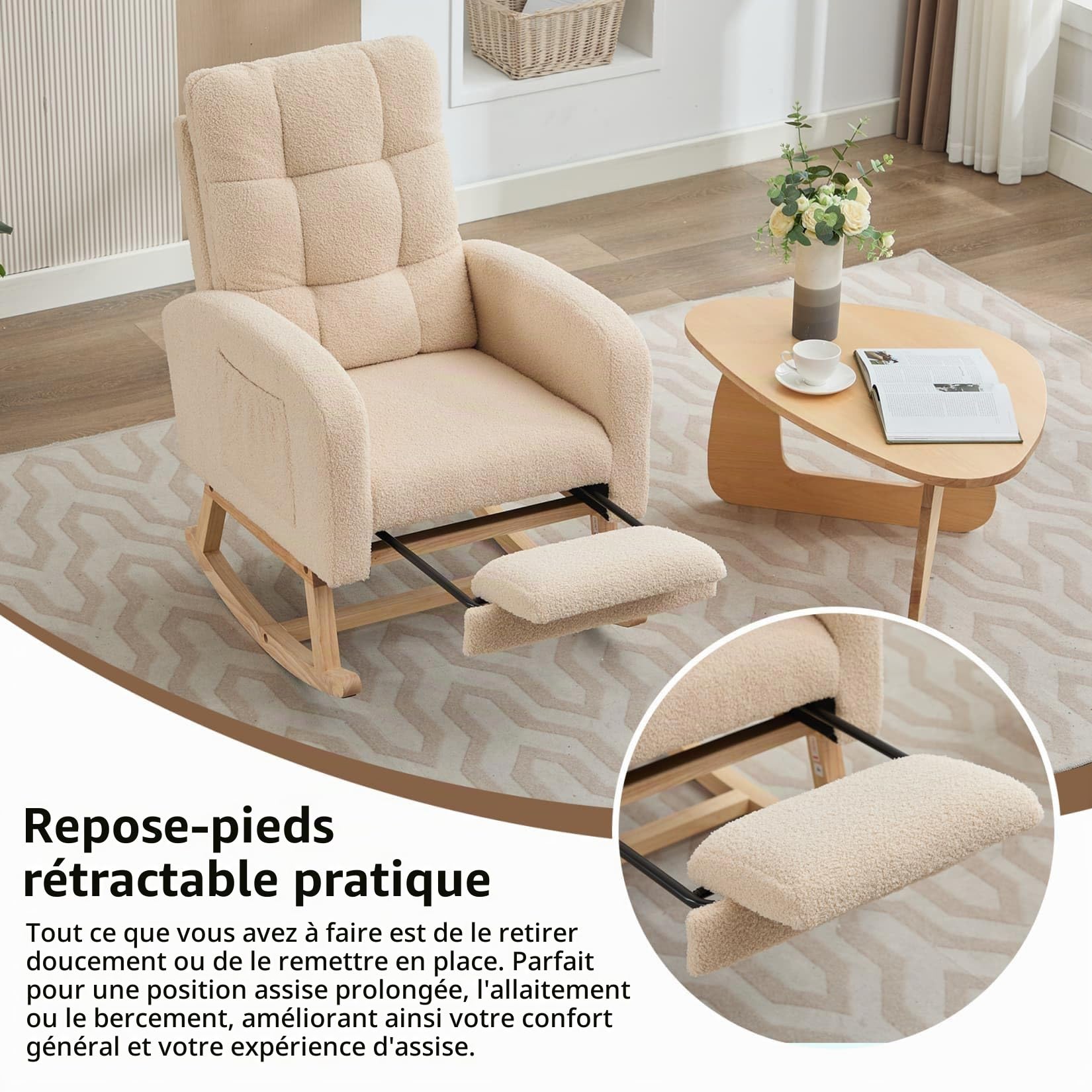 PUGSDRLY Fauteuil à Bascule en Velours Teddy,Rocking Chair,Fauteuil Allaitement,Structure en Bois Massif,Repose-Jambes Dissimulés,pour Salon,Chambre à Coucher,Balcon,Beige