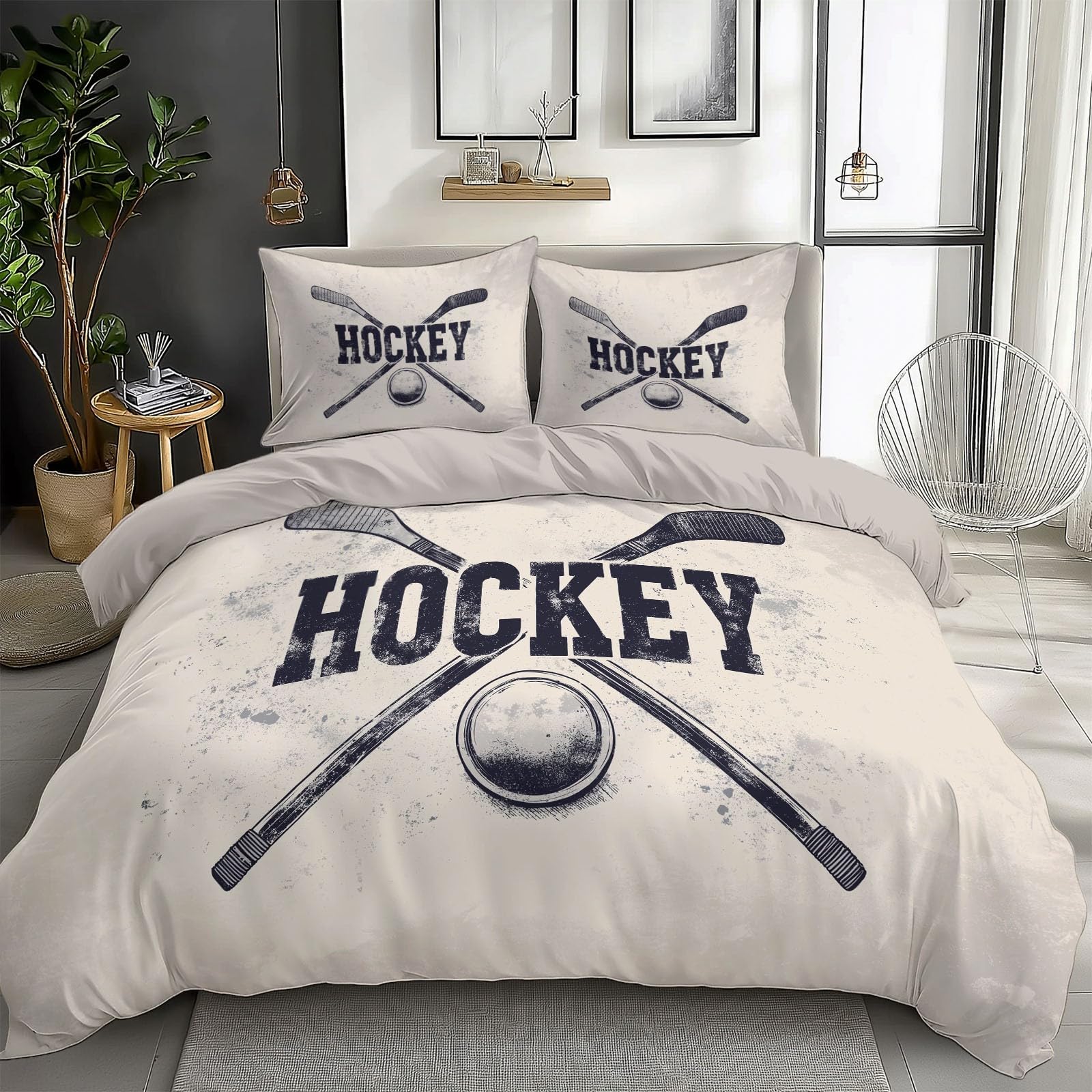 Poszwa na kołdrę 90 Logo Kij Hokejowy I Krążek Hokejowy Zestaw pościeli Miękka mikrofibra Szary Edredon Pokrowiec 150 x 200 cm do dekoracji domu i 2 poszewki na poduszkę 50 x 75 cm z zamkiem