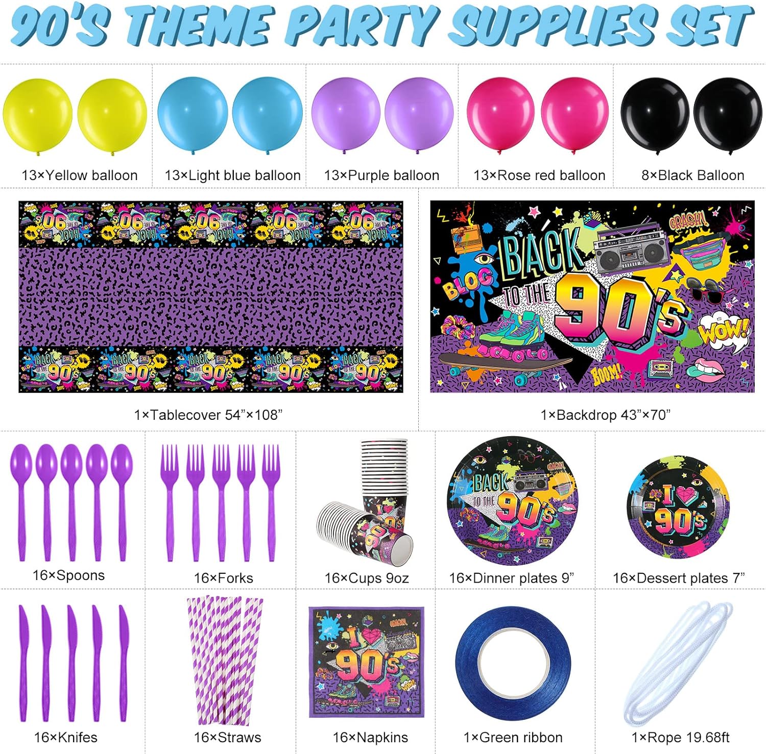 Cunhill 90s Party Decorations 90s Theme Backdrop Latex Balloons Back to the 90's Tablecloth Party Tableware Set 90's Paper Plates Napkins Knife Forks Flatware for Birthday Hip Hop Graffiti Supplies