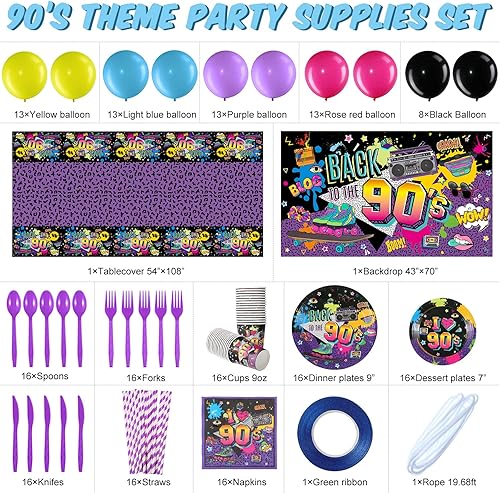 Miniatura 2 de Cunhill Decoraciones de fiesta de los años 90, temática de los años 90, globos de látex de regreso a los 90, mantel de fiesta de los 90, platos de