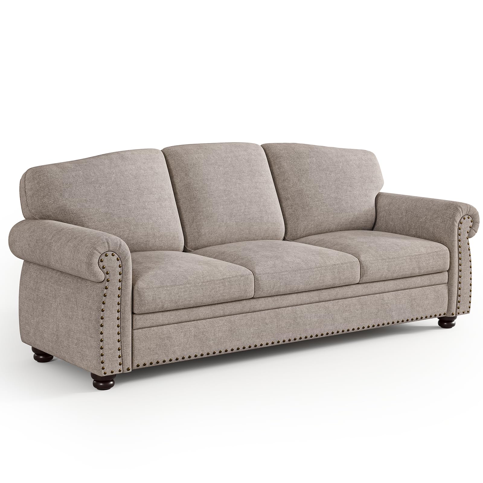 ONBRILL 90 Inch Rolled Arm Sofa for Living Room, Deep Seat Nailhead Trim Couch, Comfy 3 Seater Chenille Couch w/Wooden Leg, Springs Seat Cushion,
