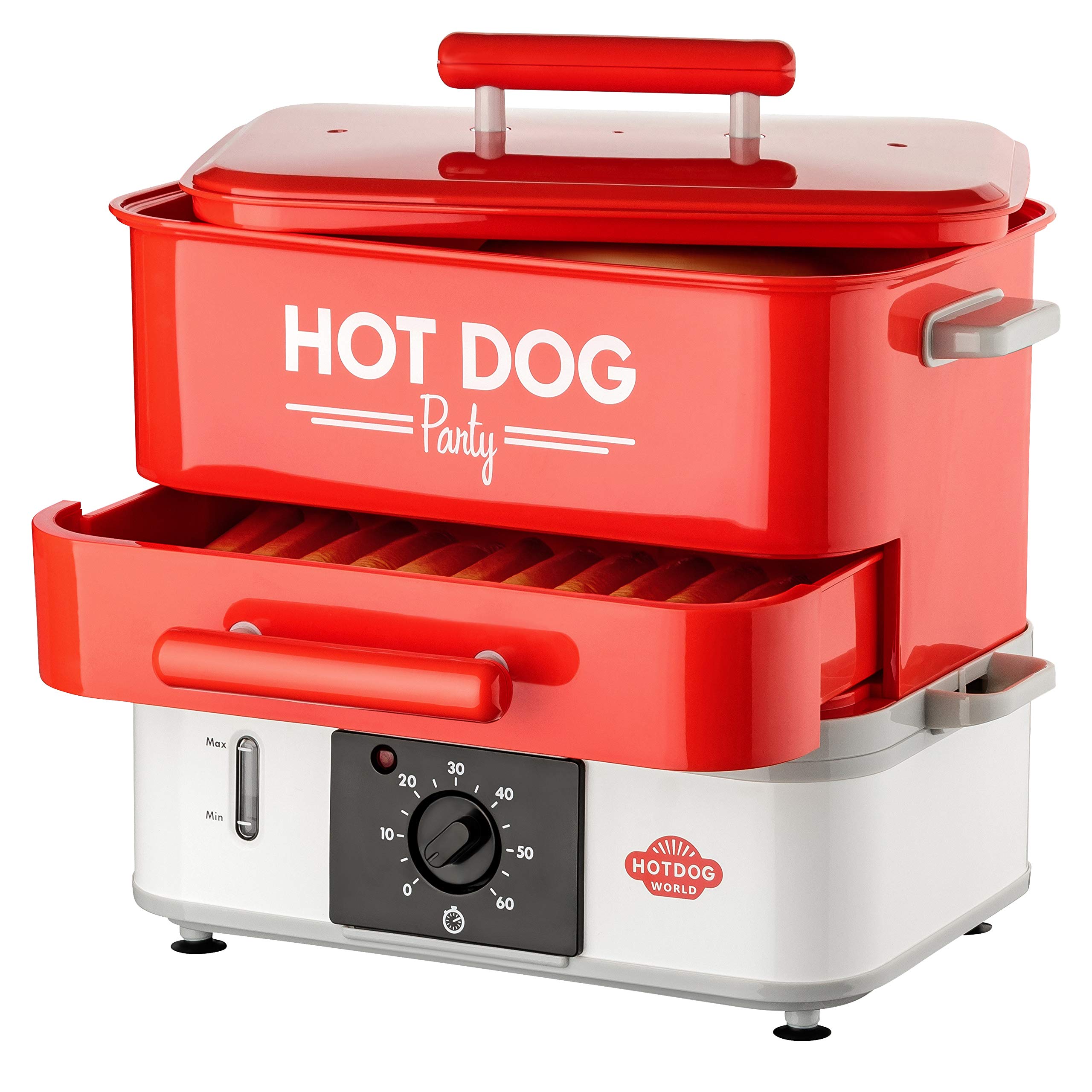 HOT DOG WORLD - Großer Hot Dog Maker mit Brötchenwärmefach - Hot Dog Party Steamer