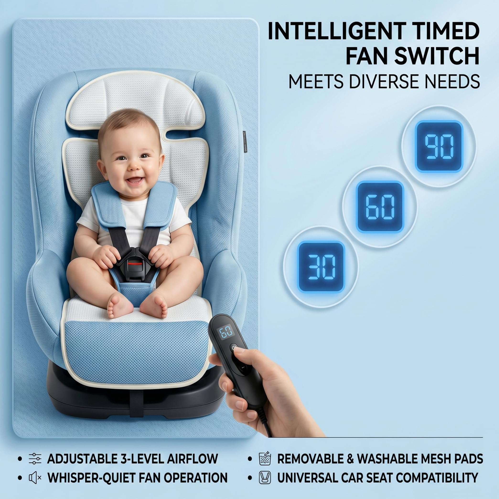 Tappetino di raffreddamento per passeggino 3 velocità e timer regolabili Tappetino di raffreddamento per bambini con doppia ventola Rete 3D traspirante per passeggini e seggiolini auto Grigio