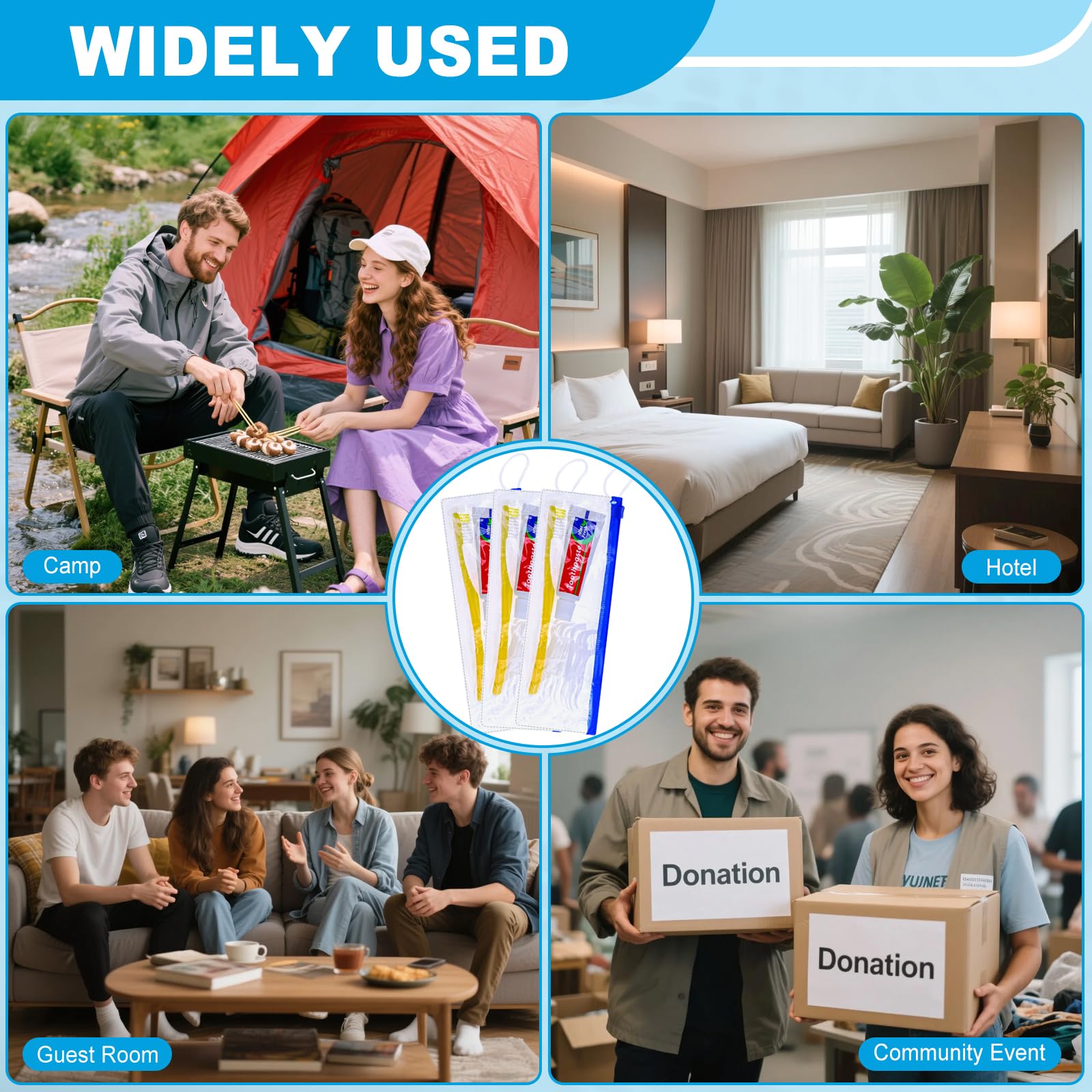 Set di 100 spazzolini da denti usa e getta con dentifricio e filo interdentale, gialli confezionati singolarmente, usa e getta, con custodia con cerniera, per senzatetto, hotel, ospiti