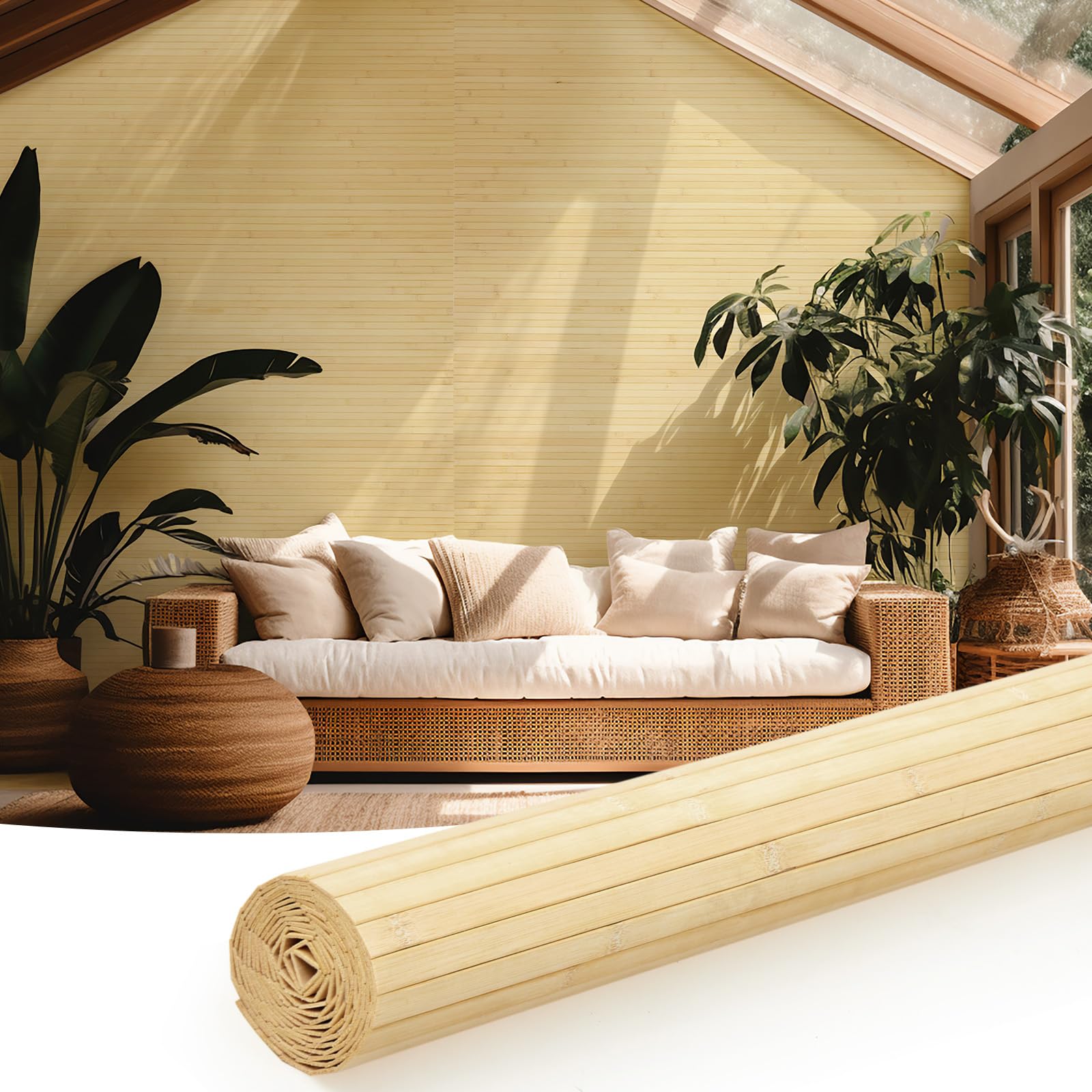 juexica 1 pcs natural bamboo wall panel for interior wall 48''x96'' bamboo covering renewable pole wainscoting room divider wrap decor for bedroom living room kitchen island office (raw)