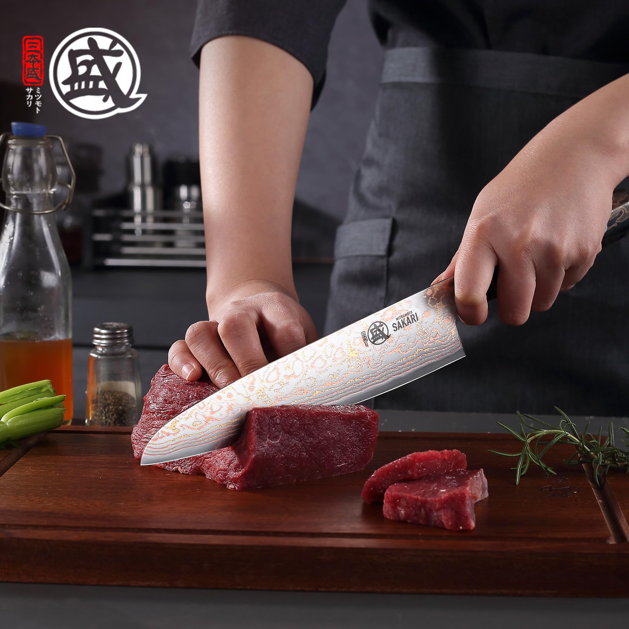 MITSUMOTO SAKARI Nóż Gyuto 21 cm, Nóż Szefa Kuchni z Damasceńskiej Stali | Uniwersalny Nóż Kuchenny, Wysokiej Twardości HRC 60±1, Ręcznie Kutym Rdzeniem Stalowym