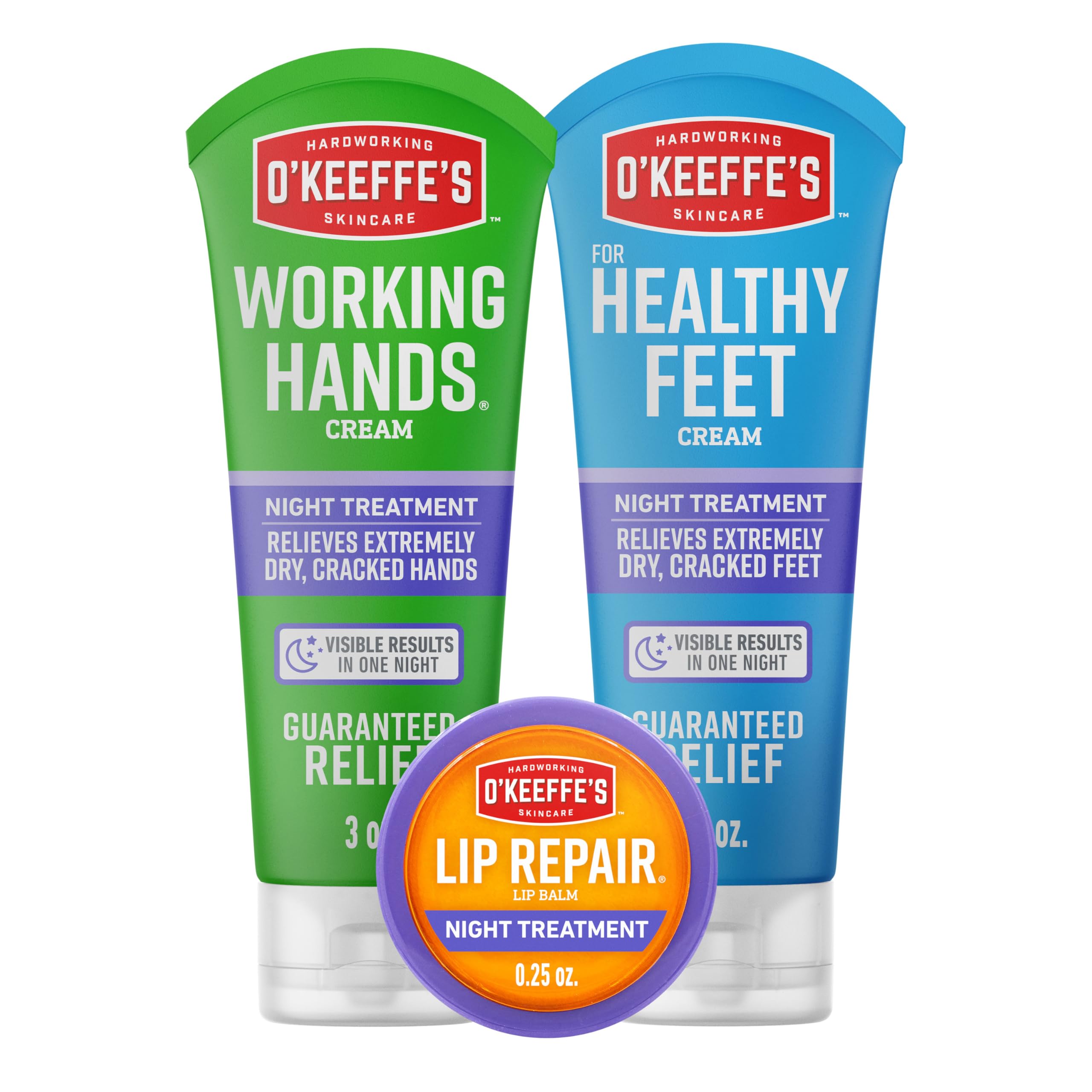 O'Keeffe's Night Treatment Combo Pack Including Working Hands Night Treatment Hand Cream, Healthy Feet Night Treatment Foot Cream and Lip Repair Night Treatment Lip Balm; Gift Idea