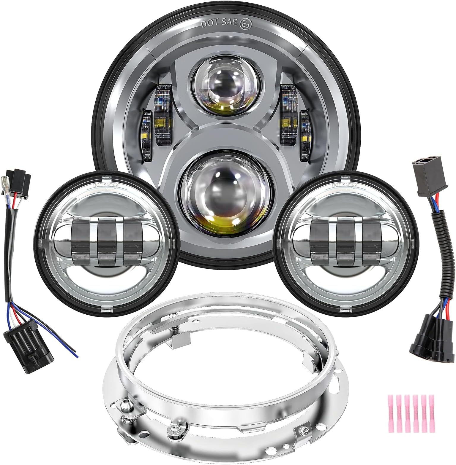BICYACO 7 Inch LED Motorcycle Headlight with 4.5 Inch Fog Lights Passing Lamps DOT SAE Approved, Compatible with Harley Davidson Classic Electra Street Glide Fat Boy Road King Heritage Softail Chrome