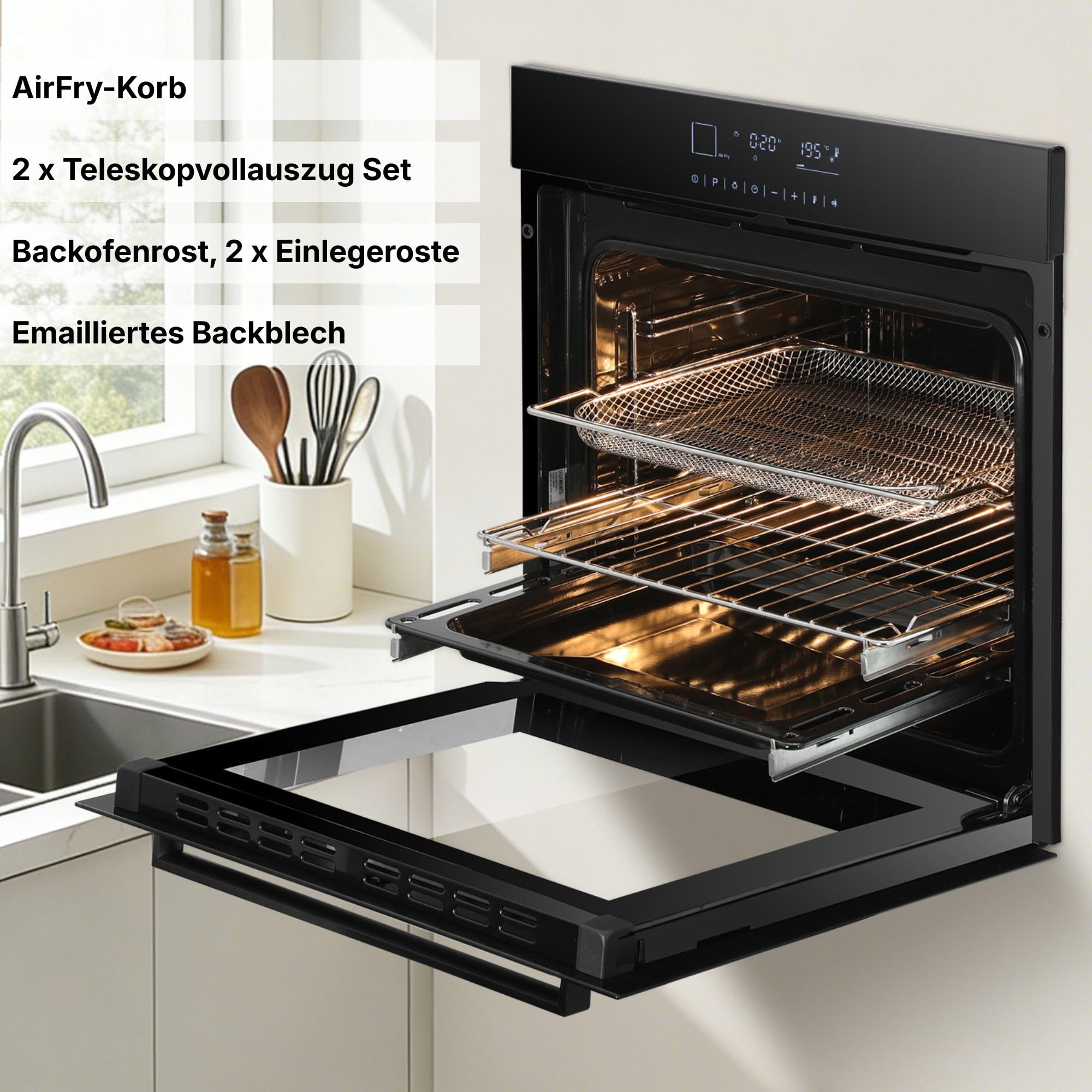 Herdset 60cm Einbaubackofen Air Fry AQUA CLEAN 59cm Autarkes Induktionskochfeld kratzfest 2 Flexzonen Schwarz EEK A+