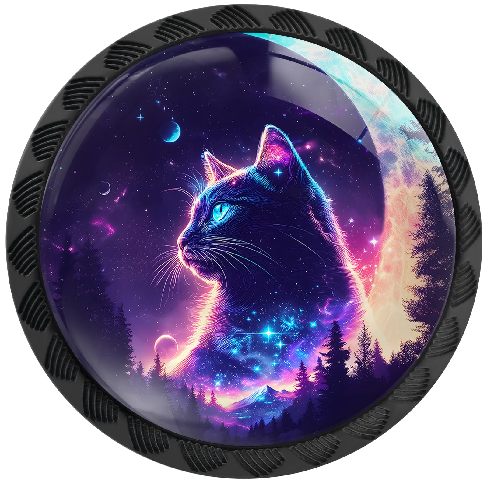 Artinhand 4 Pack Fantasy Purple Starry Sky Cat Cabinet Knobs Round Drawer Pulls Black Dresser Knob Cupboard Door Handles Hardware for Kitchen Bathroom