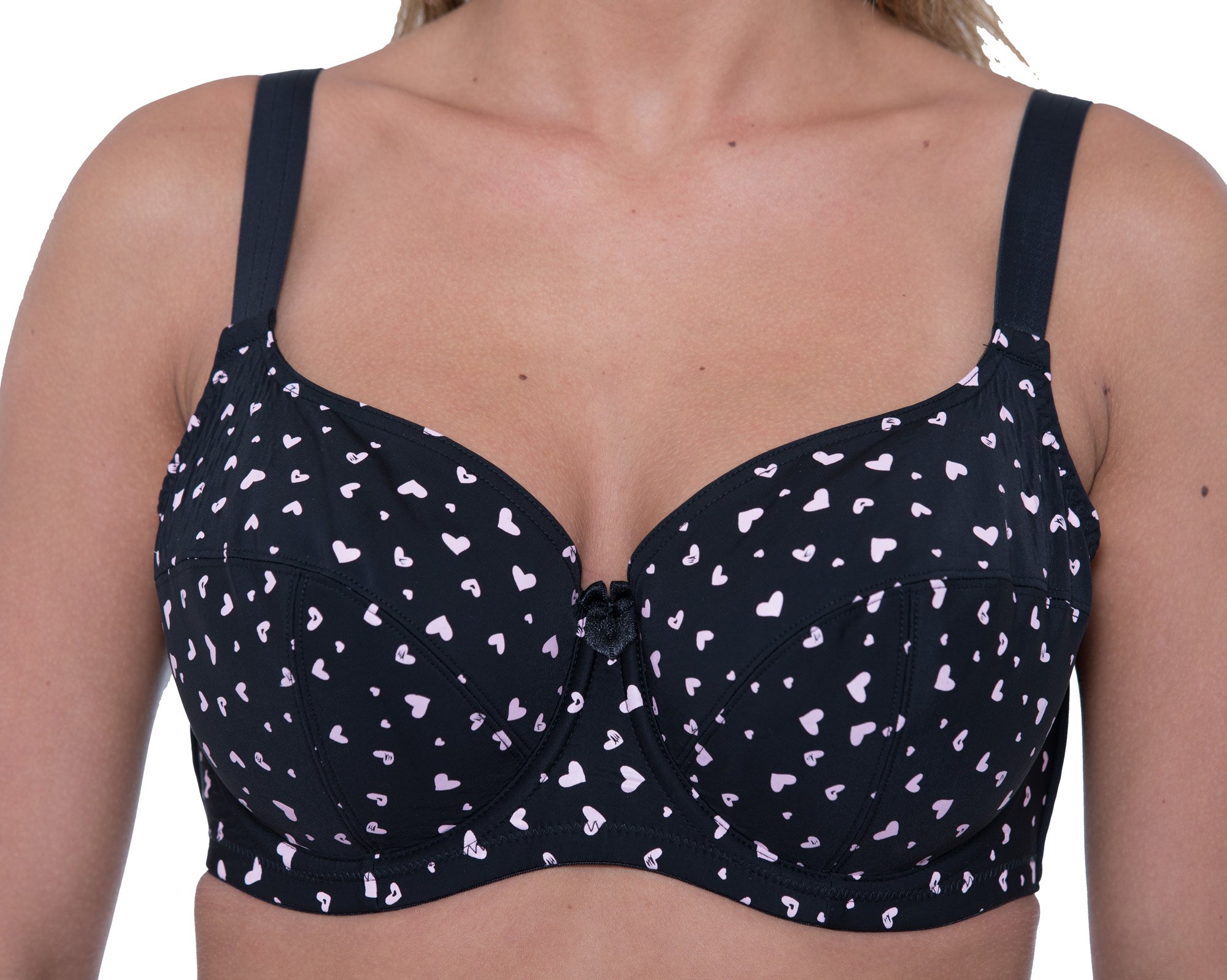 Orchid Women's Black Pink Gemm Heart Print Bra Balcony Full Cup Underwire Firm Support, Adjustable Straps, Comfort Back Support, 46D