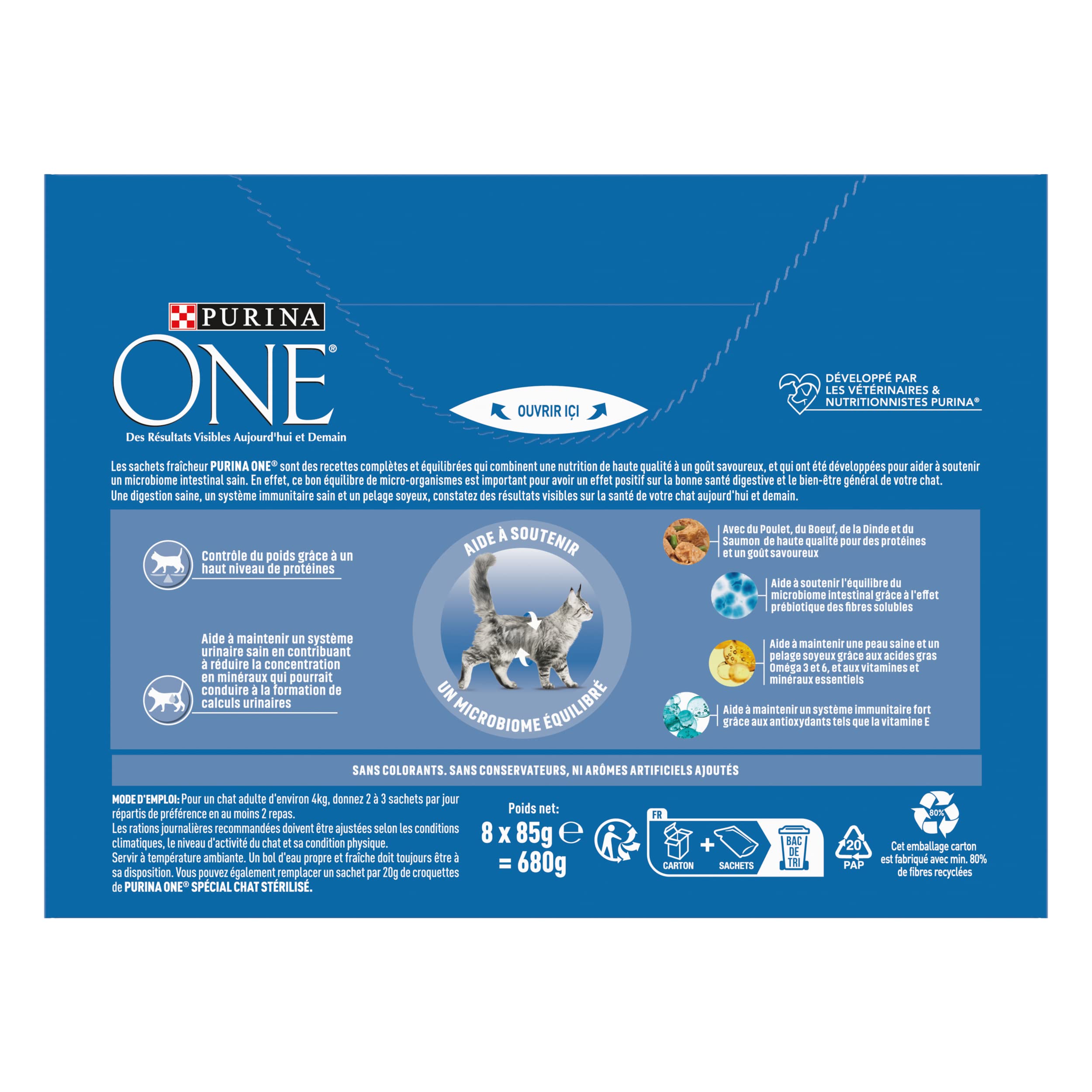 PURINA ONE | BIFENSIS | Chat Adulte Stérilisé | Soutien la vitalité du chat, les muscles et les articulations | Effilés en Sauce | Poulet, Bœuf, Saumon, Dinde | Sachets Fraîcheur | Lot de 10 (8 x 85g)
