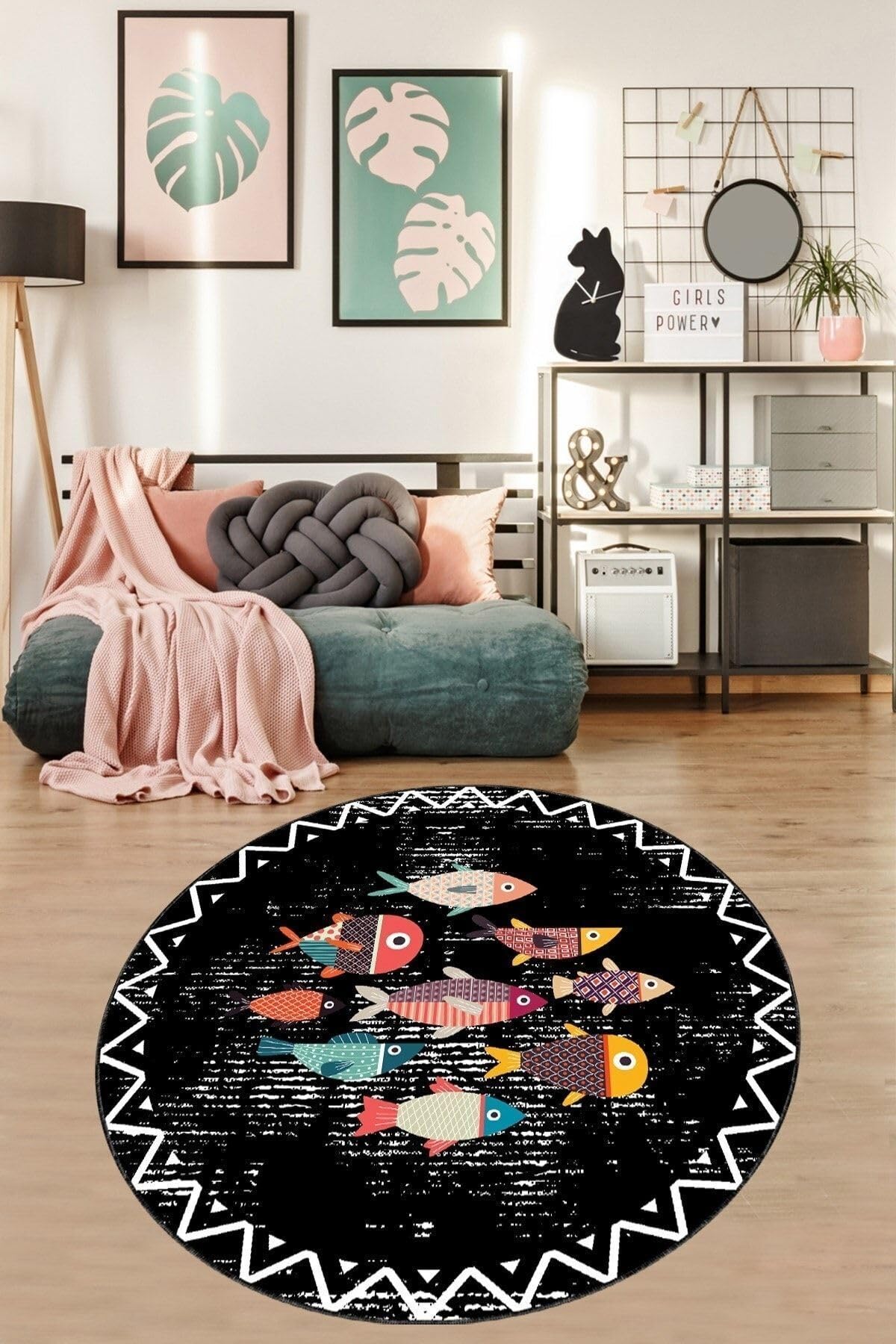Pelangi Renkli Balıklar Desenli Eskitme Zemin Dijital Baskı Yıkanabilir Kaymaz Taban Yuvarlak Salon Halısı, Siyah-Pembe 160 x 160, 9998003416016005