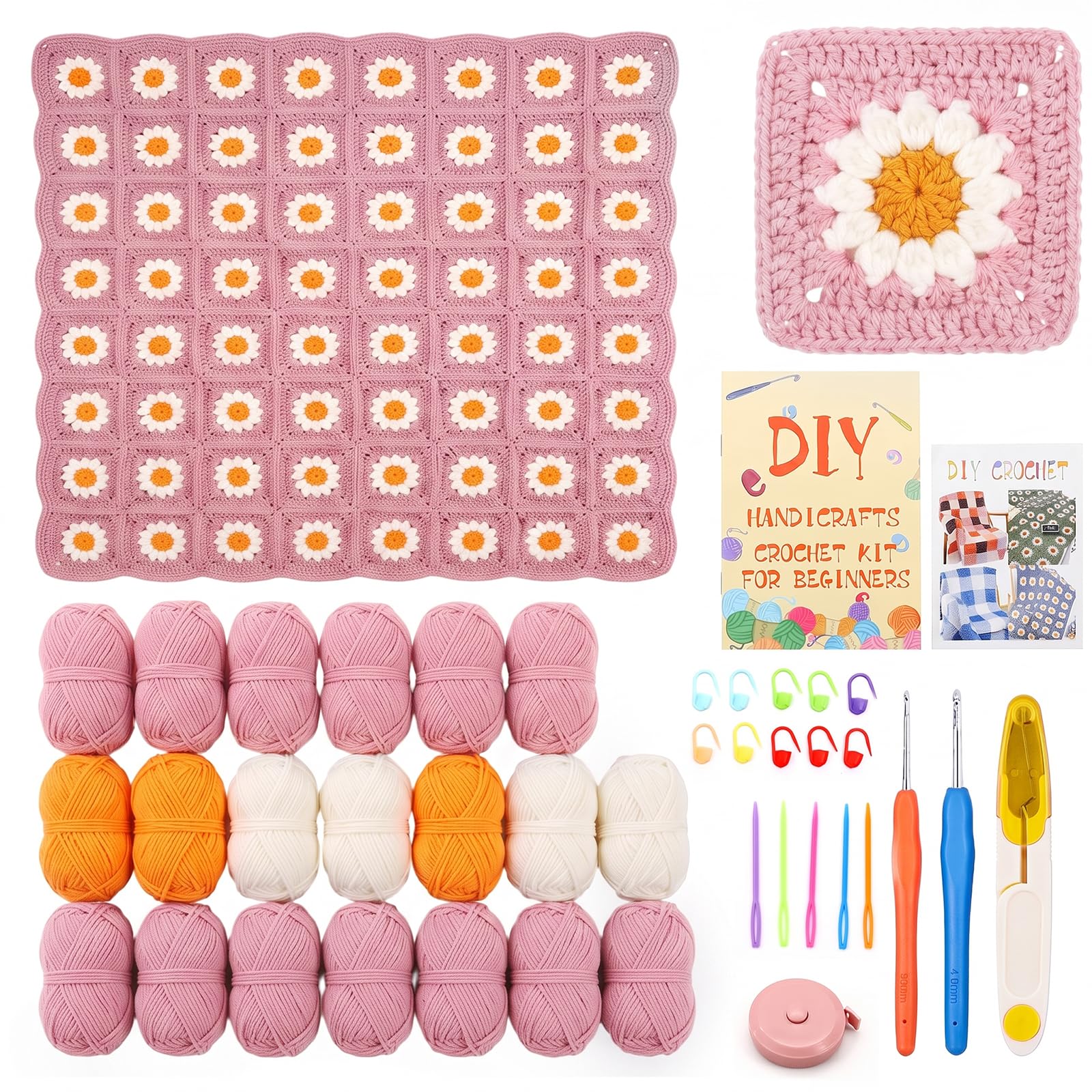 Set per uncinetto, coperta all'uncinetto, set completo per principianti e adulti, con uncinetto, istruzioni passo dopo passo, filato e accessori, per imparare all'uncinetto, rosa