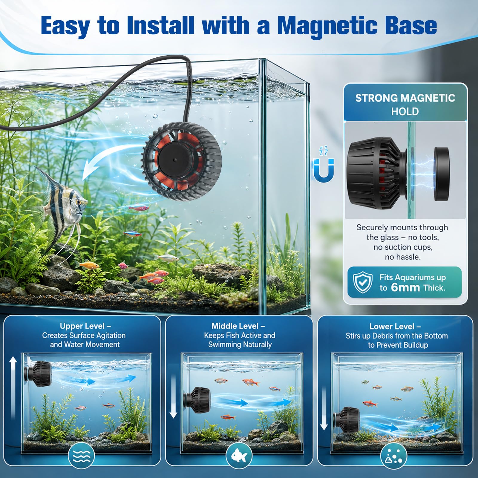 Mini pompa di flusso 8000 l/h, 10 W, con 4 modalità e 10 velocità regolabili | Pompa ondulata per acquari d'acqua salata, Magnetic Powerhead, ideale per acquari d'acqua dolce e salata da 70-350 l