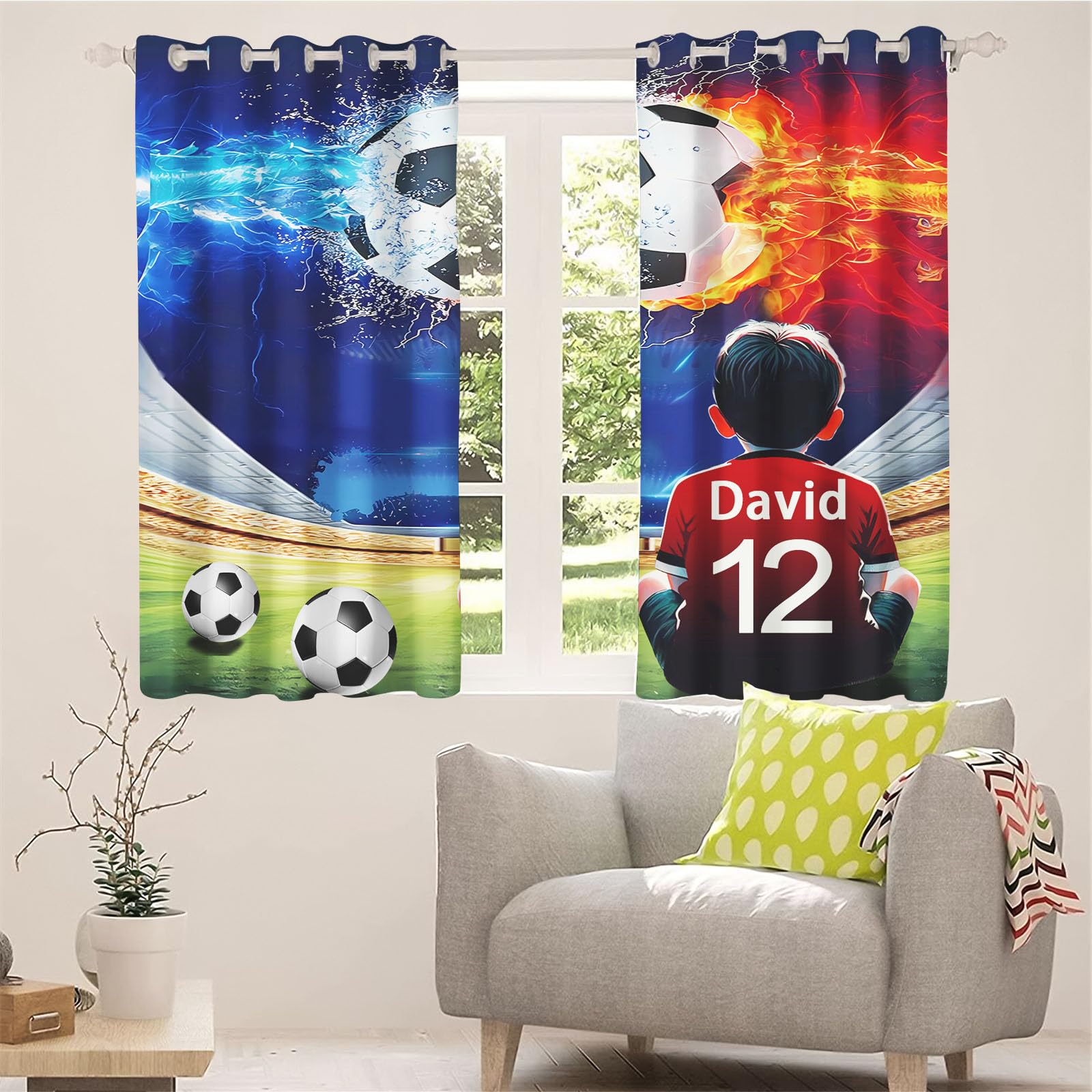 CHEFFS Cortinas opacas de fútbol con ojales, personalizadas, para niños (1150 x 166 cm)