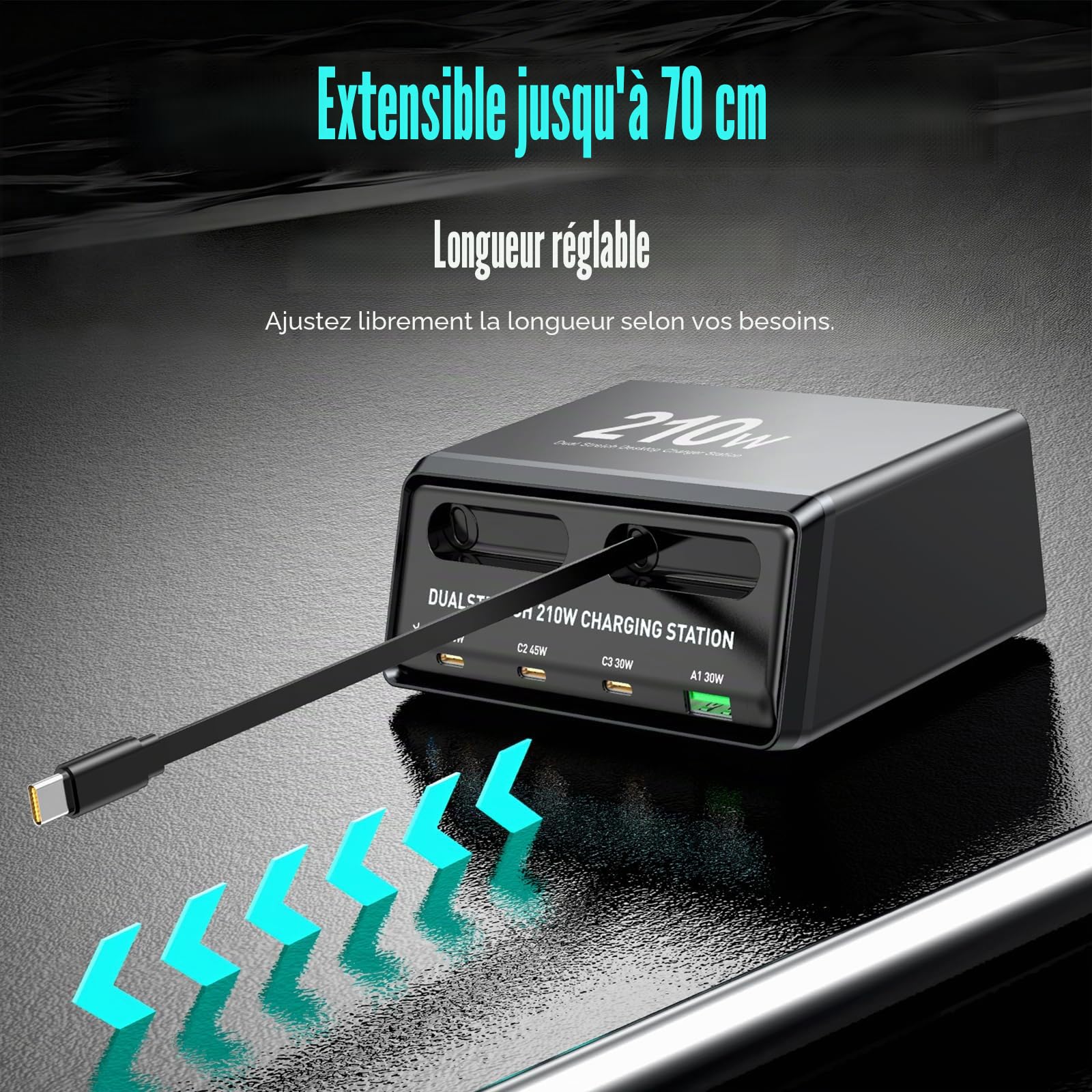 Chargeur GaN 210W, avec 2 câbles rétractables, station de charge USB-C à 6 ports (5C 1A), double port 45W pour MacBook et ordinateur portable, charge rapide pour voyage, compatible avec iPhone, iPad
