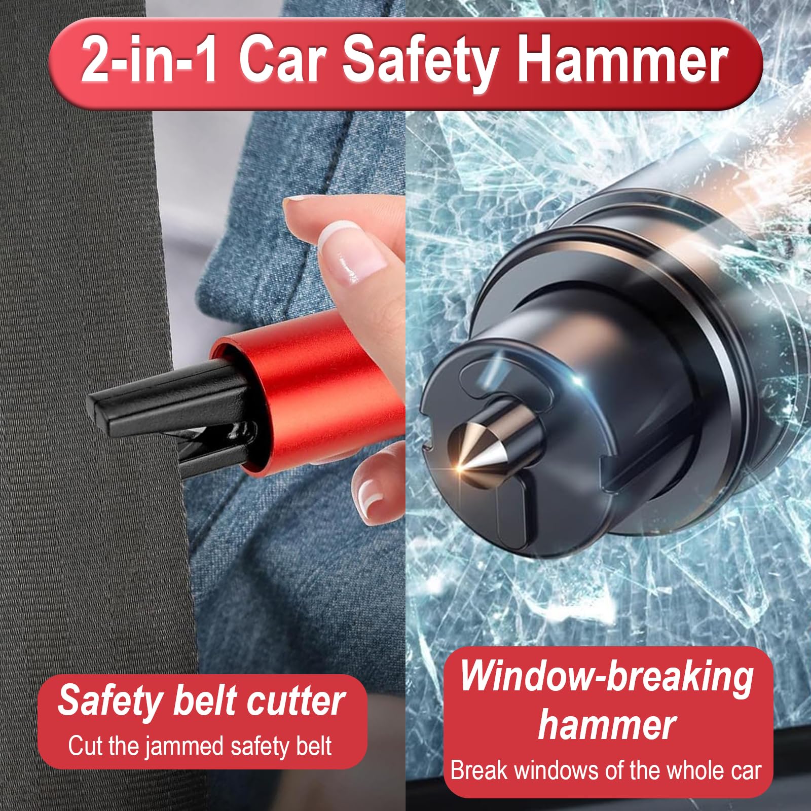 Martello di Emergenza per Auto con Taglia-Cinture di Sicurezza e Rompivetro, Strumento di Sicurezza Multifunzionale, Include Vetro di Prova e Base