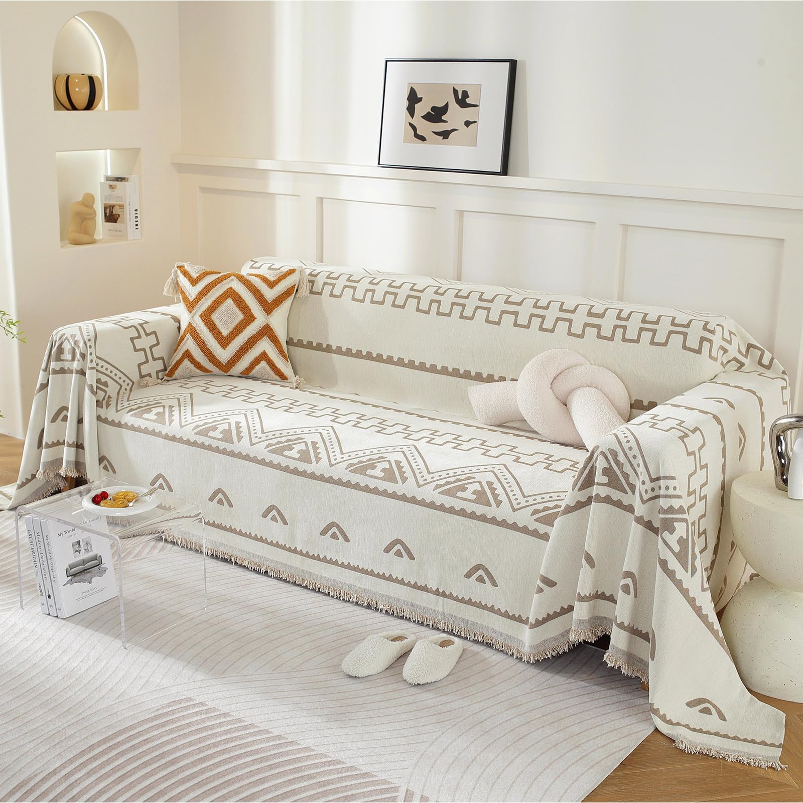 Manta Sofa Verano, Jarapas para Sofas, Manta Decorativa Boho Reversible, Antimanchas y Antipolvo – Ideal para Sofá, Silla, Cama o Viajes 180 * 380cm-Curry Claro