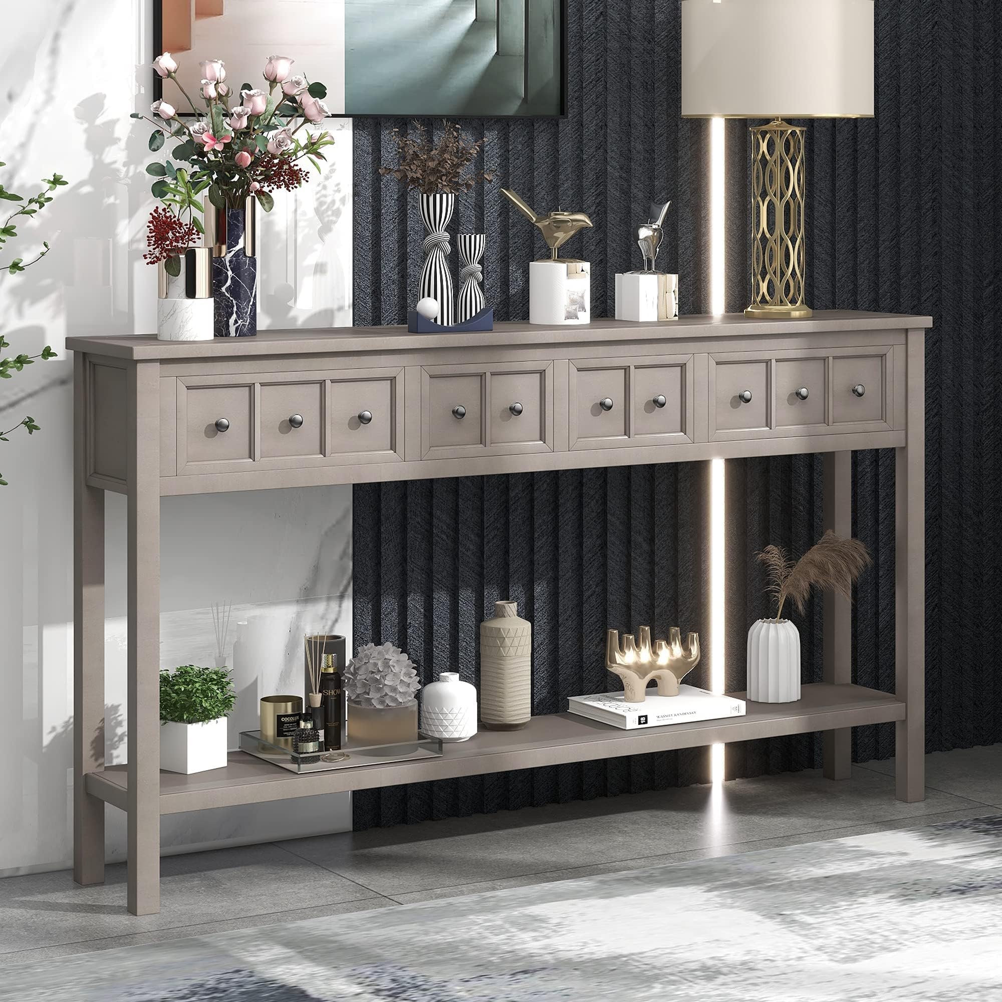 Merax Farmhouse Console Table with 4 Drawers, Wood Sofa Table Behind Couch, Long Hallway Table with Bottom Shelf, for Living Room Entrance, Gray Wash