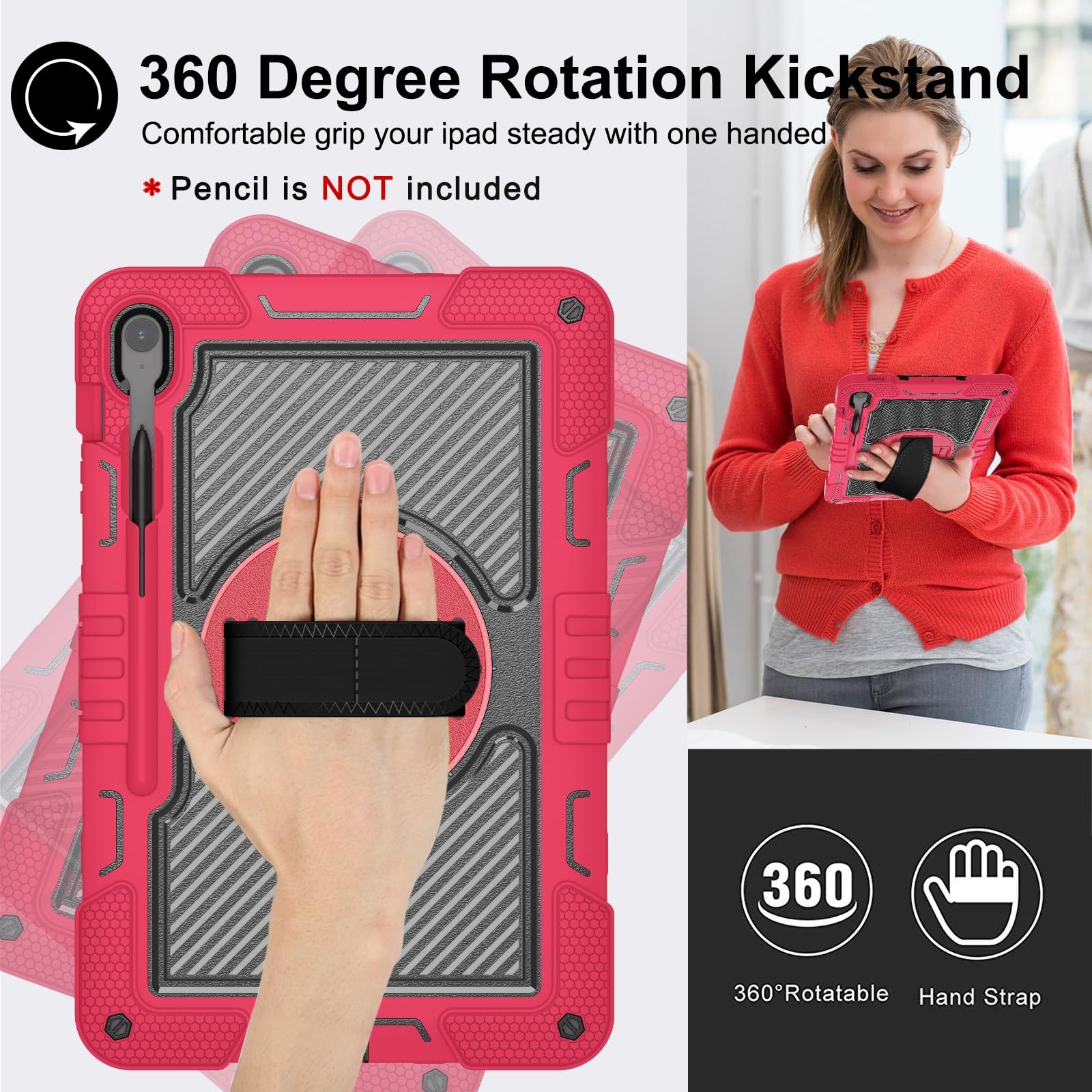 Custodia protettiva antiurto per Samsung Galaxy Tab S10 FE+/S10 FE Plus 13" 2025, custodia protettiva antiurto con cinturino da polso e tracolla, custodia in silicone stabile con cavalletto (rosso +