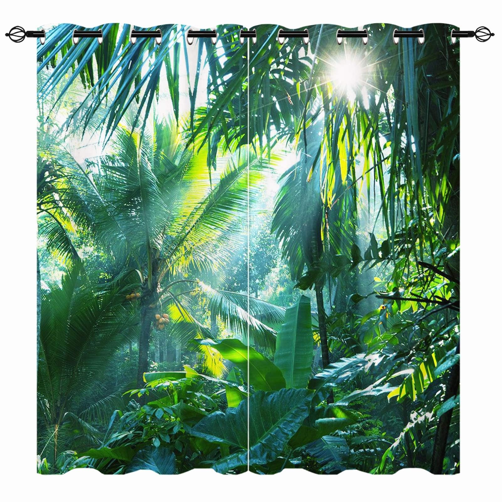 YUANZU Tropical Curtains - Rainforest Nature Jungle Wild Coconut Tree Plant Scenery Print Pattern Eyelet Blackout Thermal Room Darkening Window Drapes for Bedroom Living Room 2 Panels W229cm x D183cm — image 1