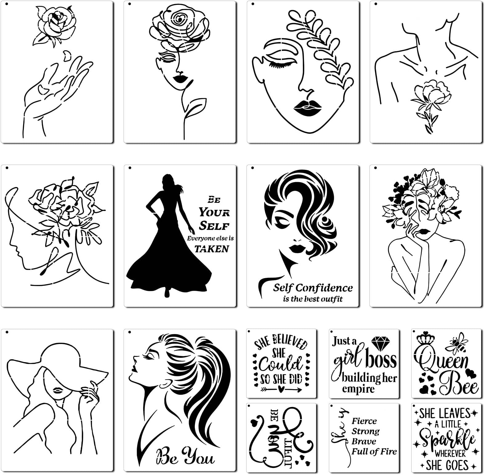 16 Pieces Women Theme Stencils Floral Female Face and Inspirational Quote Stencil for Home Wall Art Decor Painting on Wood Canvas Paper
