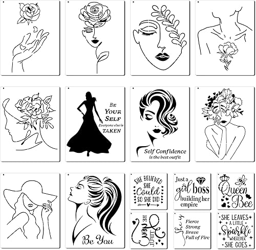 16 plantillas temáticas para mujer, diseño floral de cara femenina y cita inspiradora para el hogar, decoración de pared, pintura sobre papel de