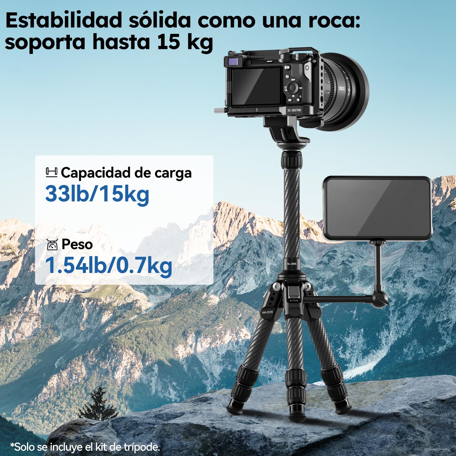 SIRUI 26,6" Mini Trípode para Cámara, Trípode de Carbono Portátil con Tubo de Extensión, Trípodes de Mesa Solo 0.7 kg y Soporte 15 kg para Escritorio y Viaje - AM-223S+SL-100S