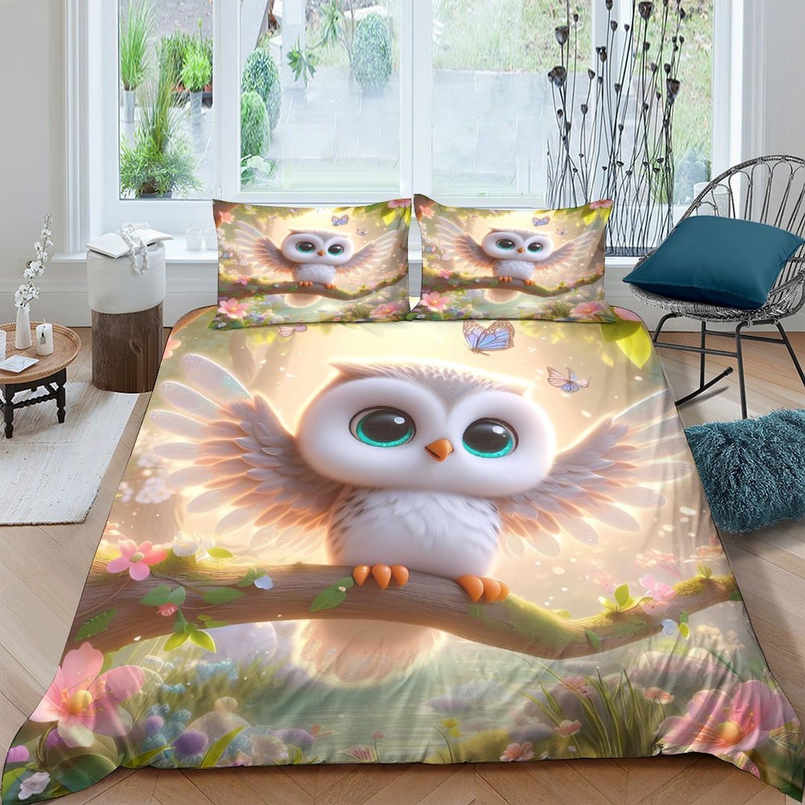 Ctjqhvkz Style-1 3D Printed Cute White Owl Fitted Sheet Microfiber Soft Cartoon Forest Bed Cover For Bedroom Dorm Mattress Protection Decor Single（135X200cm）