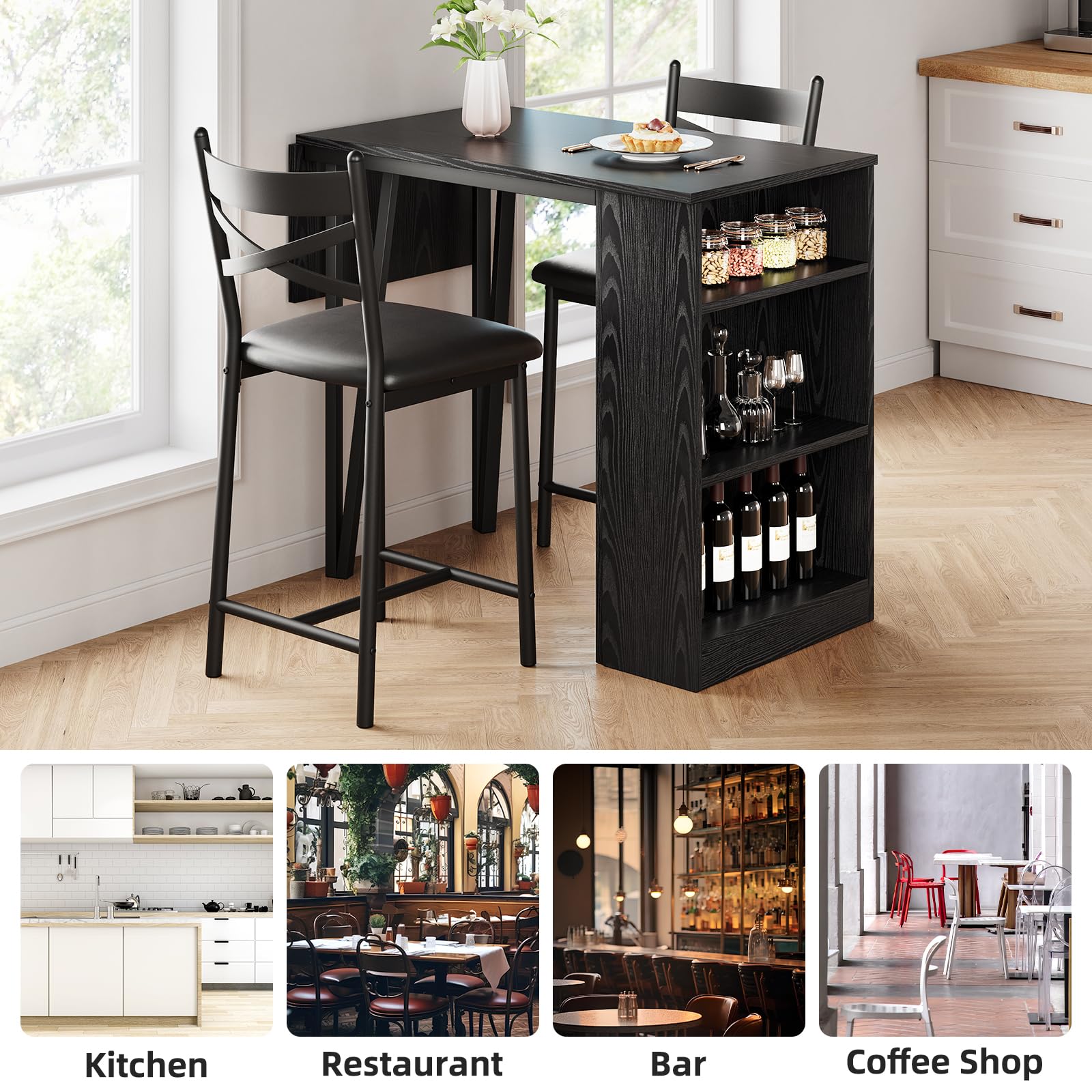 GarveeLife Set Mesa Bar Alta 1+2 Taburetes Estante Negro 120x50x91.5cm | MDF Hierro Tapizado Soft Negra 1 Mesa 2 Taburetes Estante Inferior Extensible Ahorro Espacio Cocina Salón Bar Moderno