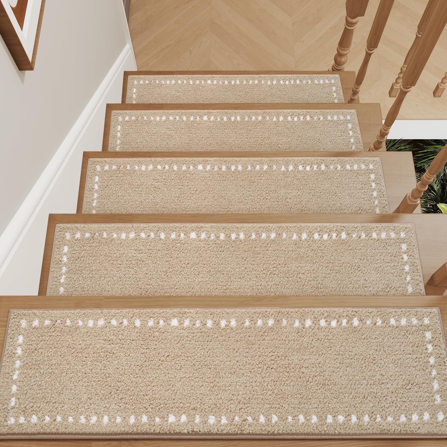 Tchdio Non-Slip Peel & Stick Stair Treads for Wooden Steps - 15PC Soft Carpet 8x30" Beige, Washable Reusable for Kids, Pets & Elders