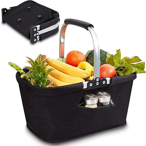 Cesta plegable para pícnic, cesta de compras con asas, cesta plegable grande y reutilizable (negro)