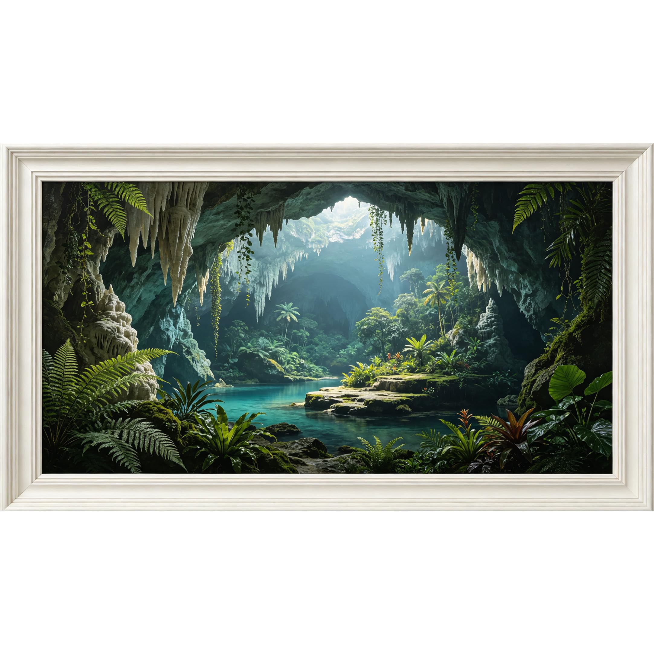 QZLITHOTIC 50×100cm 3D Framed Wall Art， Tropical Jungle Cave Landscape Self?Adhesive Mural， Water?Activated Peel & Stick Fabric Decor Wall Decal for Bedroom Living Room