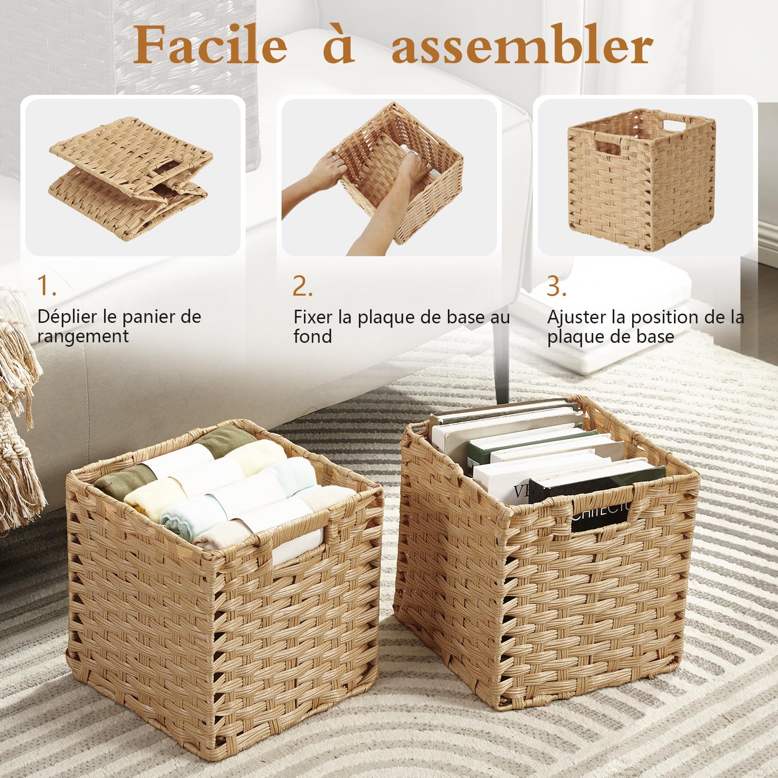 Sagittar Lot de 4 paniers pliables tressés en imitation rotin - 28 x 28 x 28 cm - Pour garde-manger, armoire, panier d'étagère cubique - Imperméables - Ne moisissent pas - Couleur naturelle