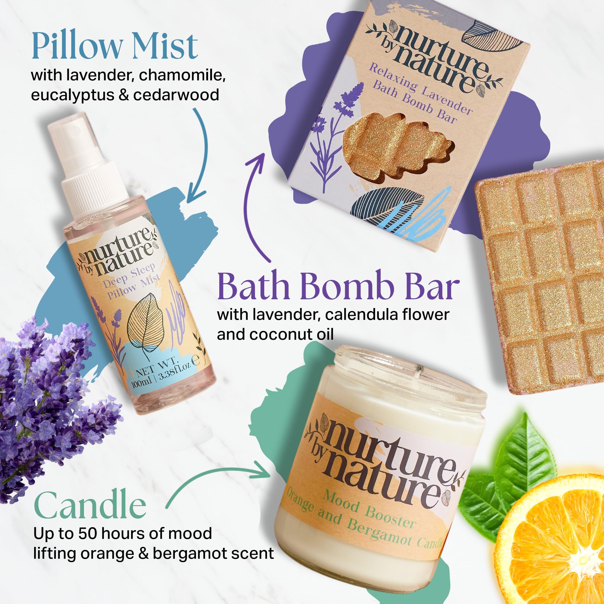 Nurture by Nature Spa Gifts for Women - Mothers Day Gifts for Mom, Self Care Gift Set & Spa Gift Basket for Women, 6 Piece Bath Set with Candle, Bath Bomb, Salts & Pillow Spray - Relaxation Gifts